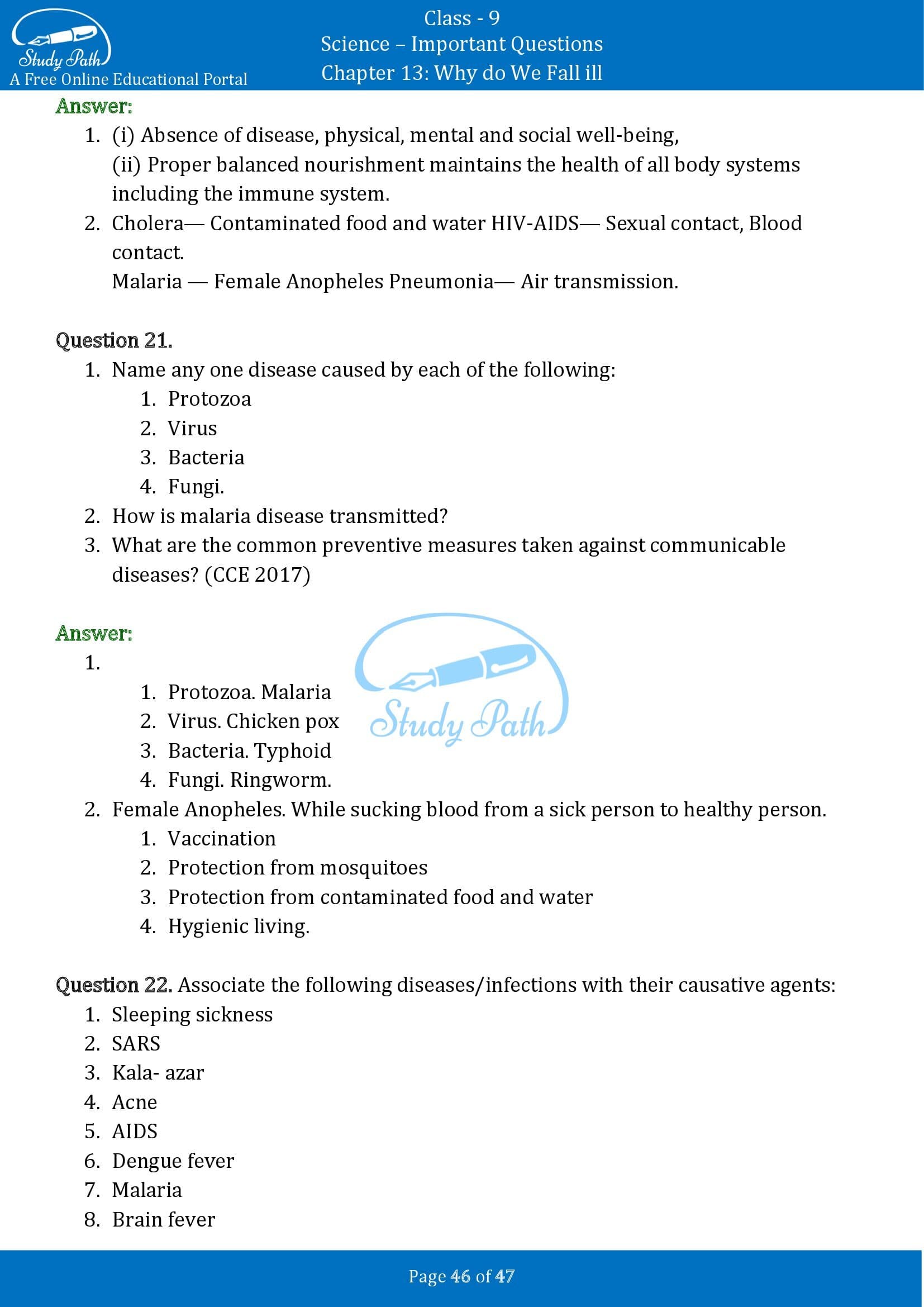 Important Questions for Class 9 Science Chapter 13 Why do We Fall ill 00046