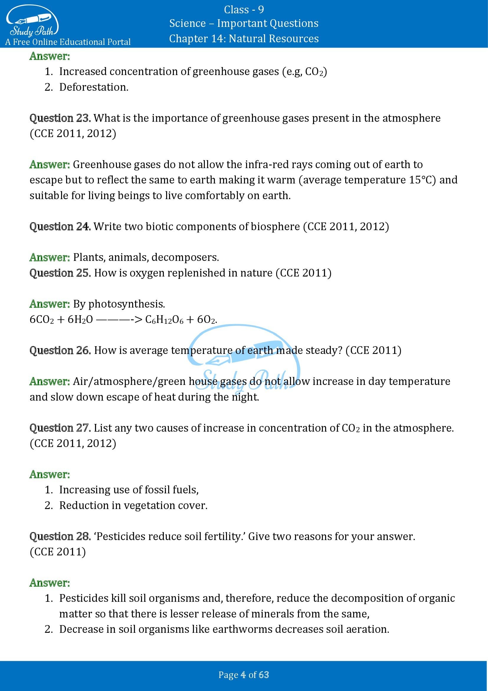 Important Questions for Class 9 Science Chapter 14 Natural Resources 00004