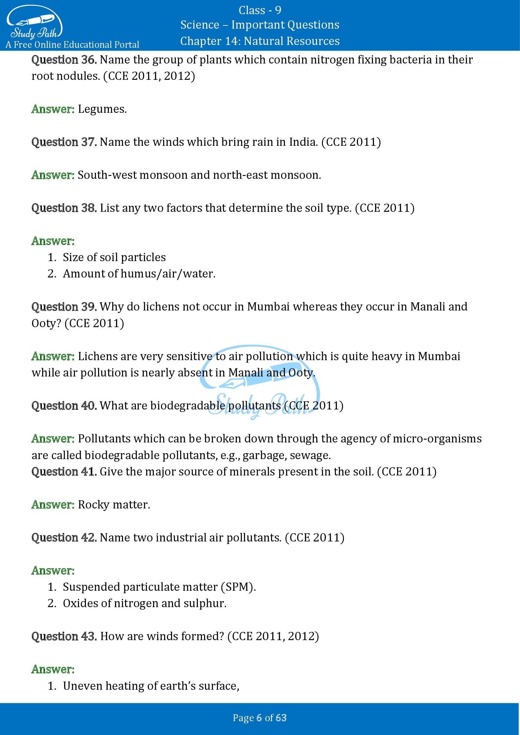 Important Questions for Class 9 Science Chapter 14 Natural Resources 00006