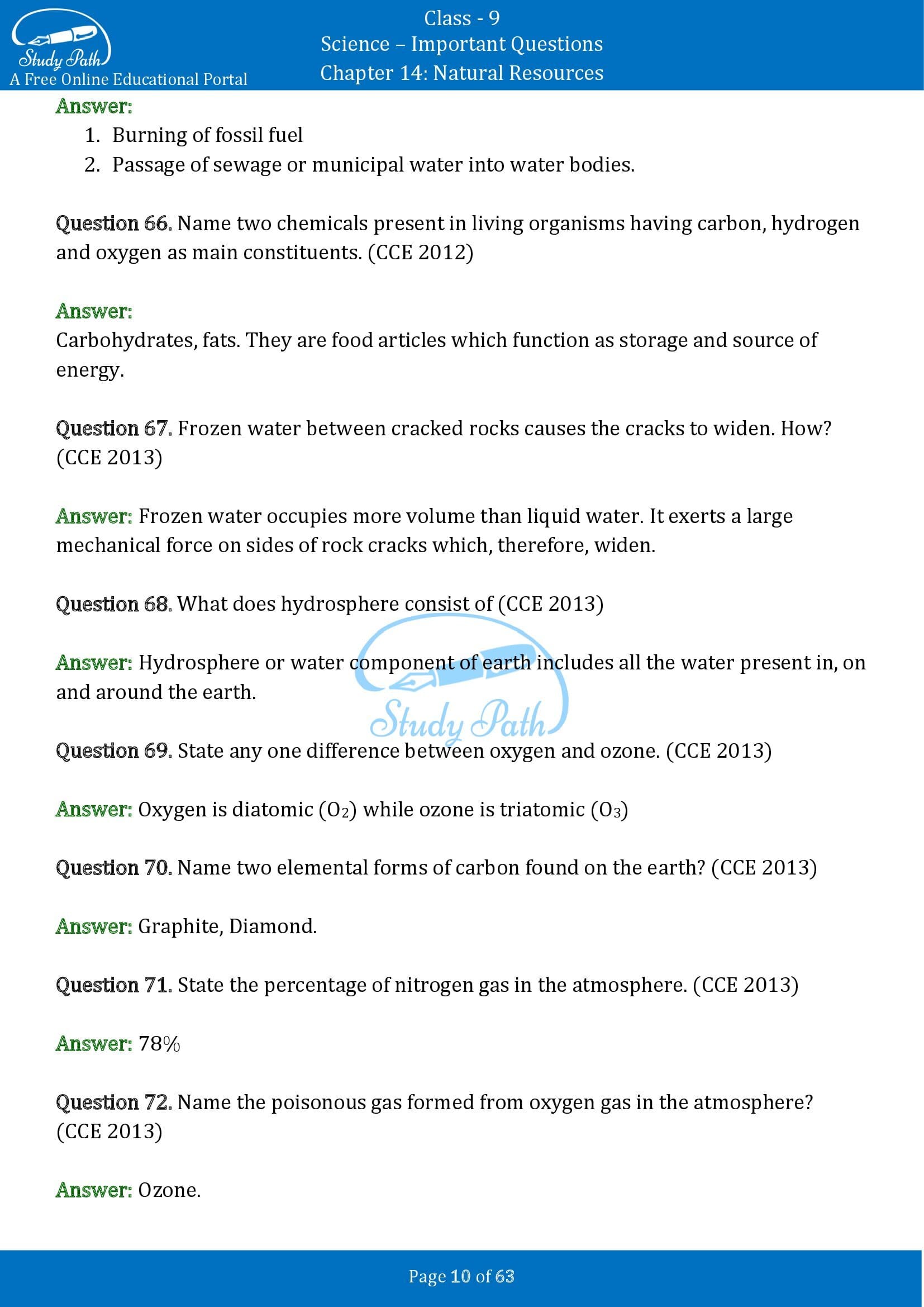 Important Questions for Class 9 Science Chapter 14 Natural Resources 00010