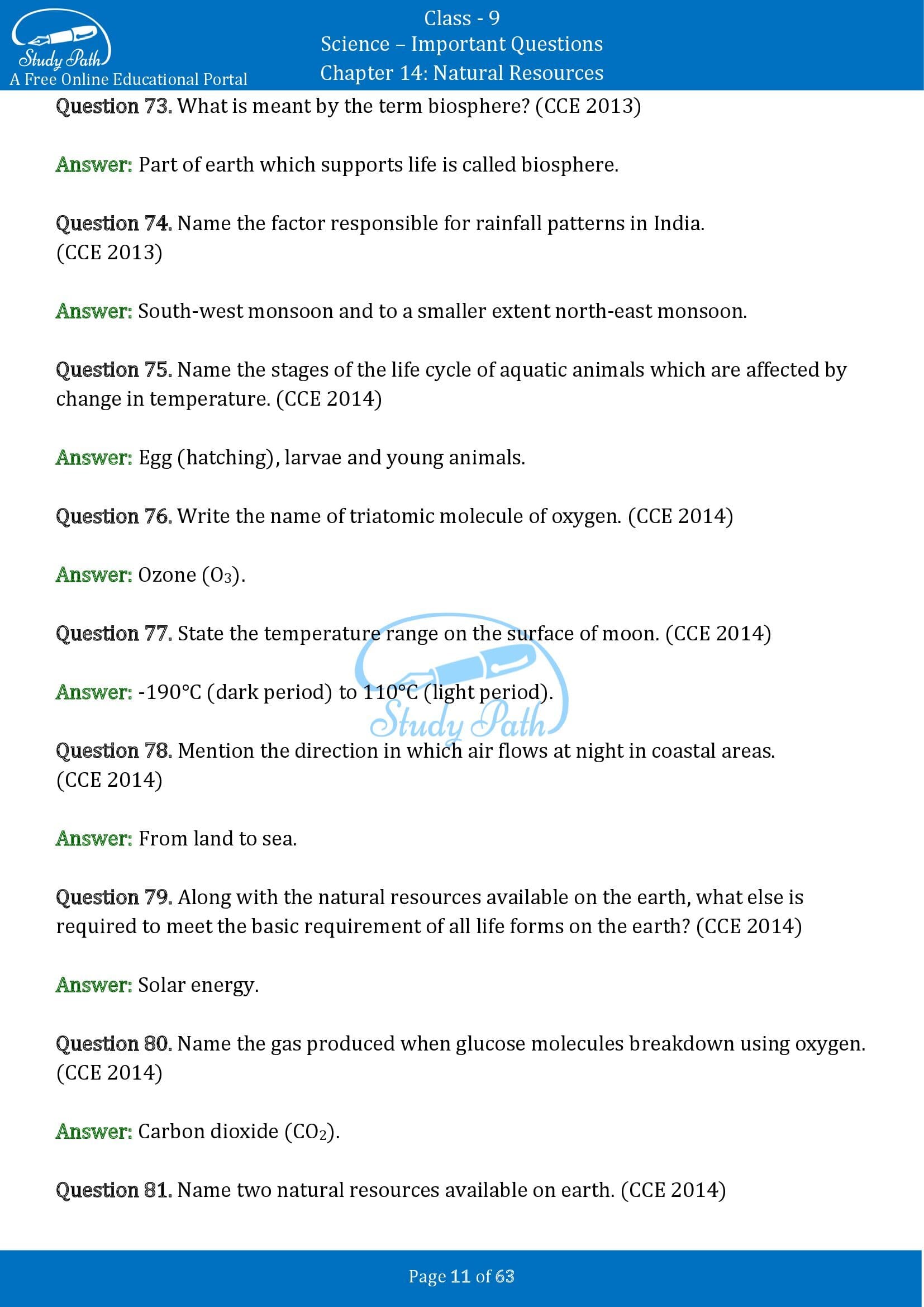 Important Questions for Class 9 Science Chapter 14 Natural Resources 00011