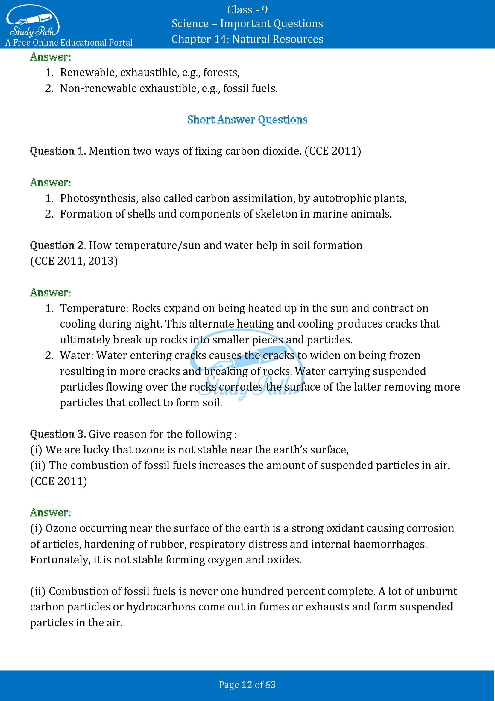 Important Questions for Class 9 Science Chapter 14 Natural Resources 00012