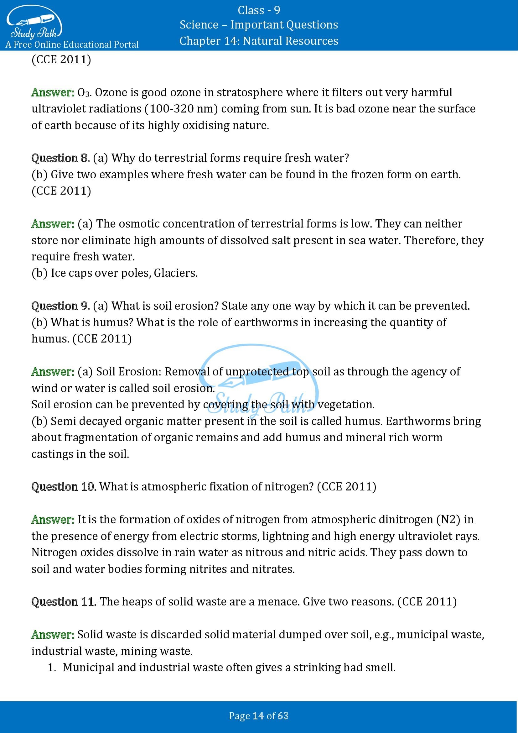 Important Questions for Class 9 Science Chapter 14 Natural Resources 00014