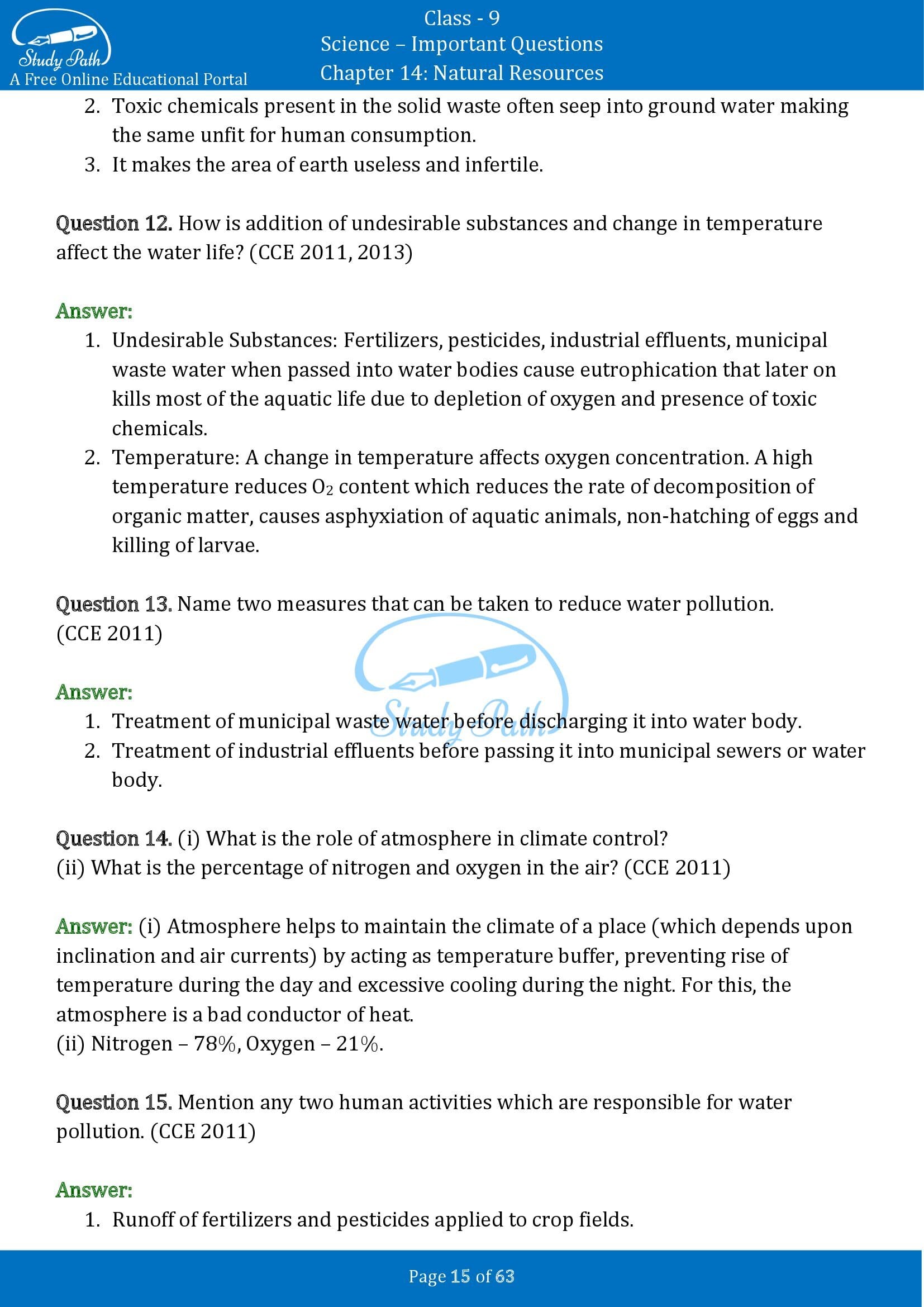 Important Questions for Class 9 Science Chapter 14 Natural Resources 00015