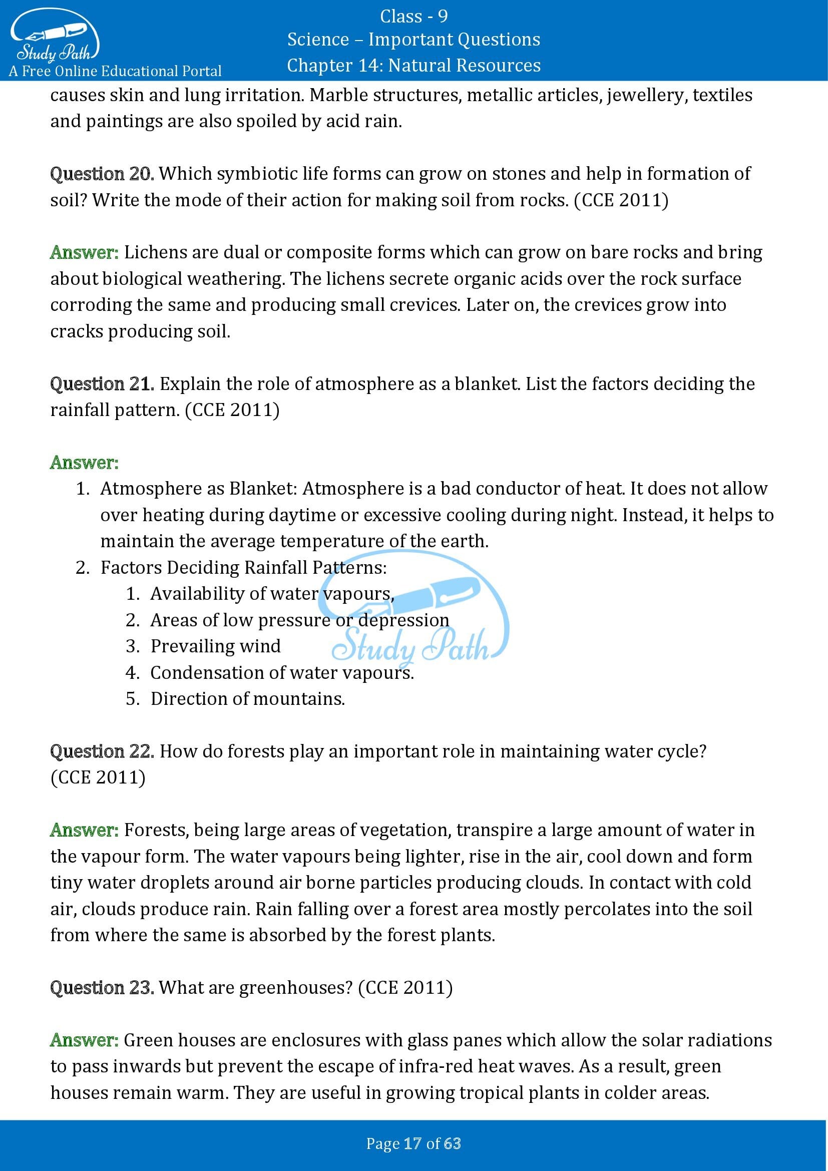 Important Questions for Class 9 Science Chapter 14 Natural Resources 00017