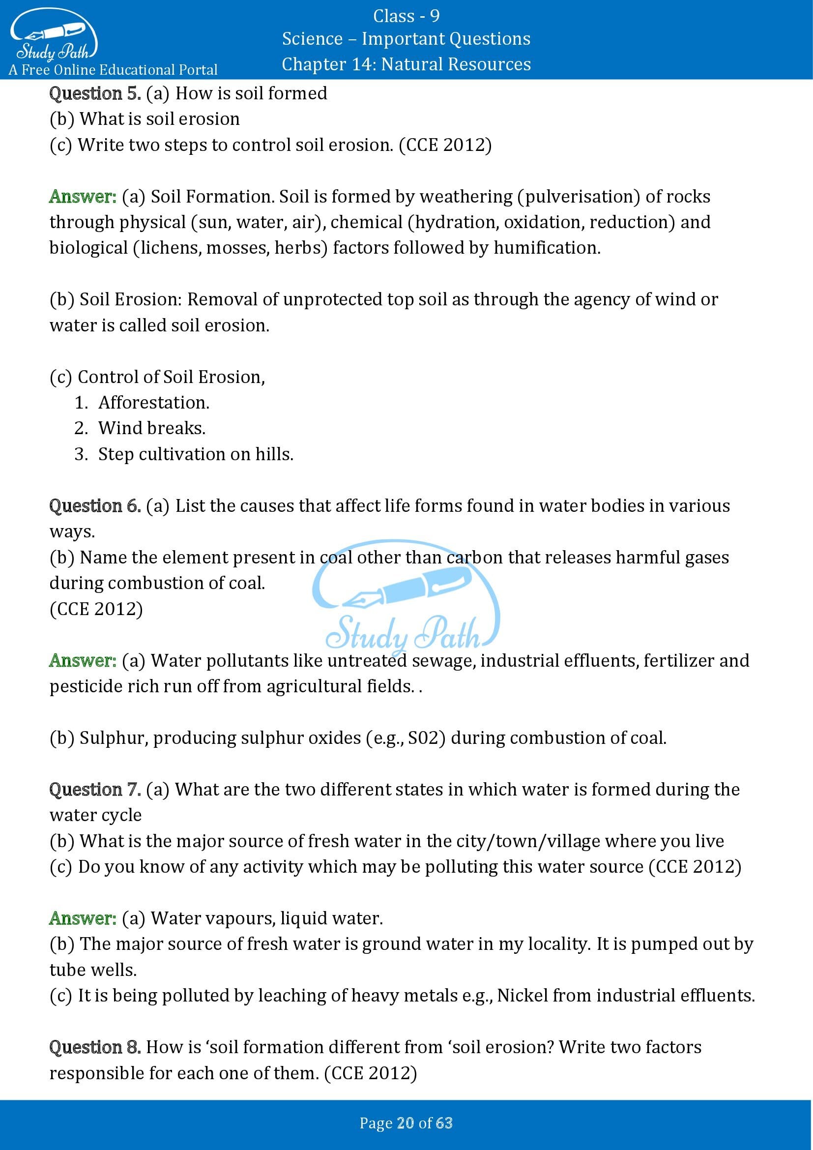 Important Questions for Class 9 Science Chapter 14 Natural Resources 00020