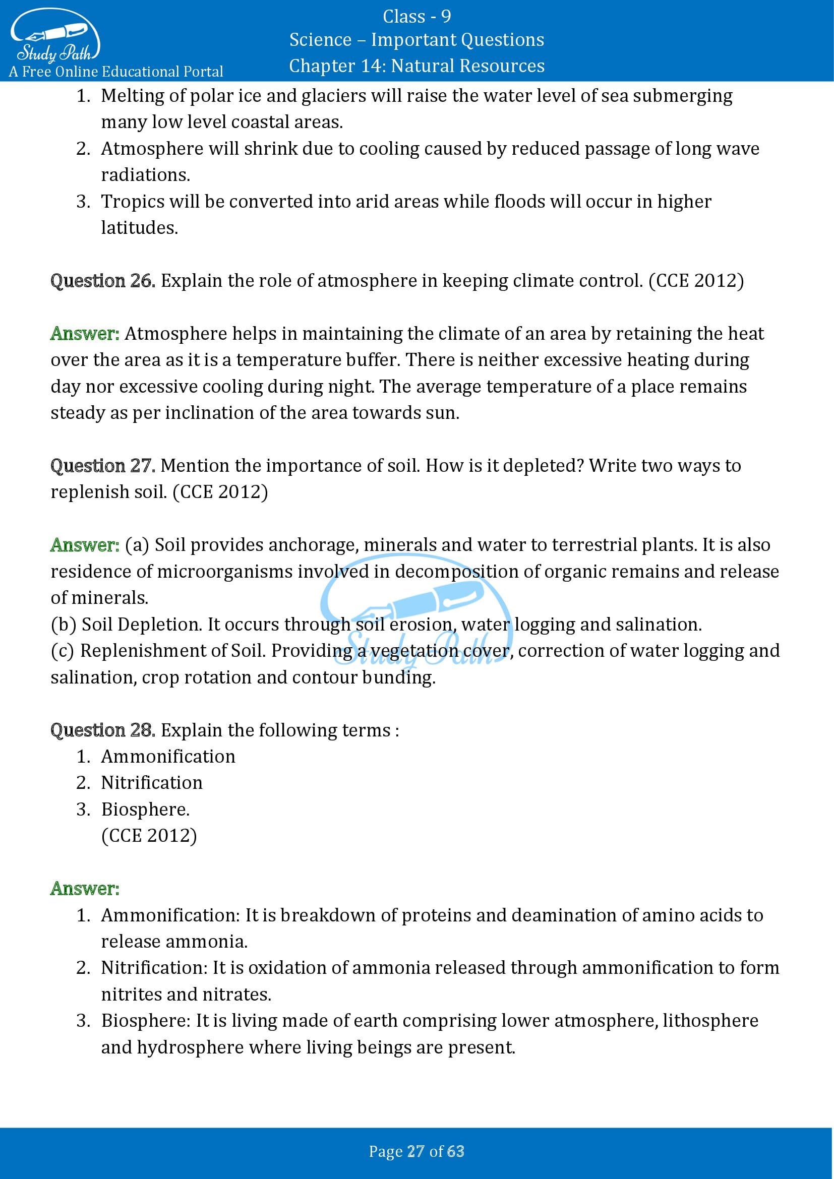 Important Questions for Class 9 Science Chapter 14 Natural Resources 00027