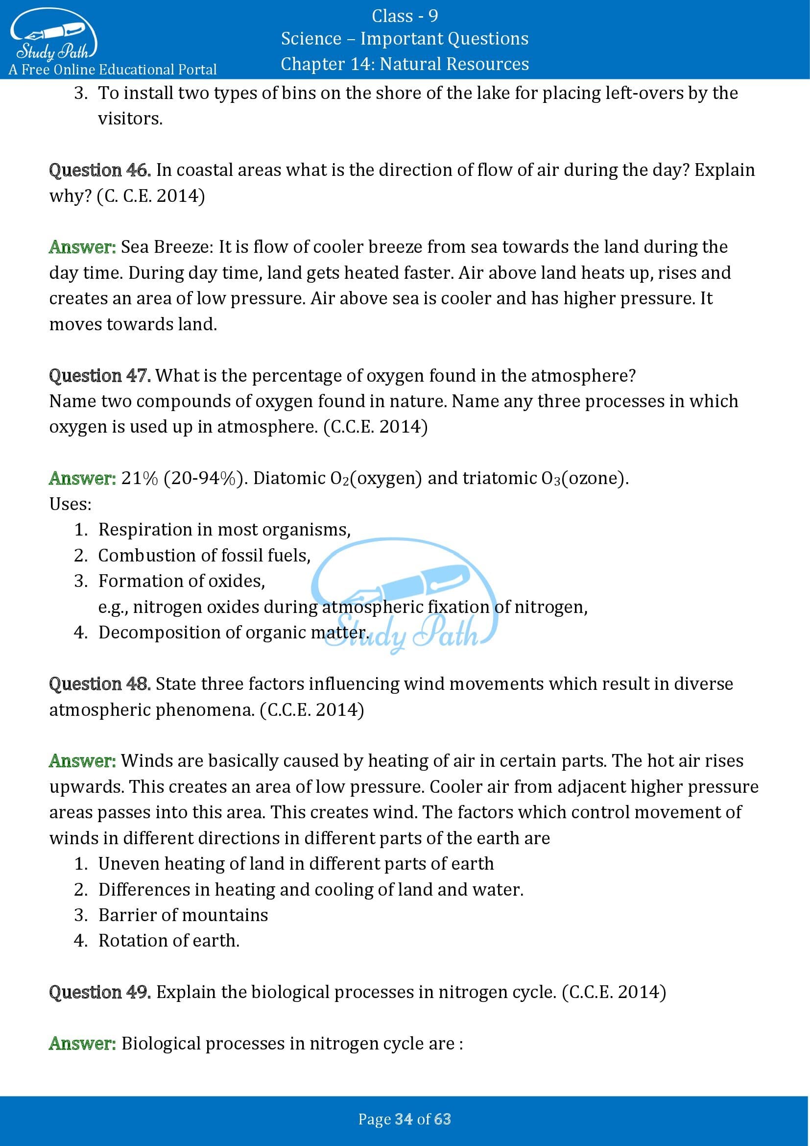 Important Questions for Class 9 Science Chapter 14 Natural Resources 00034