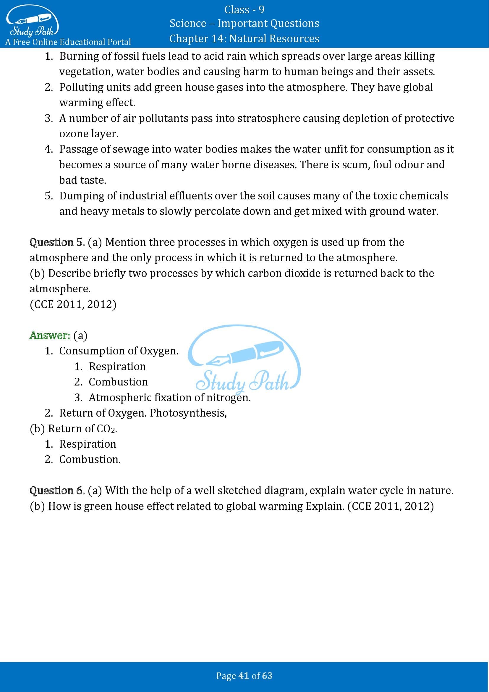 Important Questions for Class 9 Science Chapter 14 Natural Resources 00041
