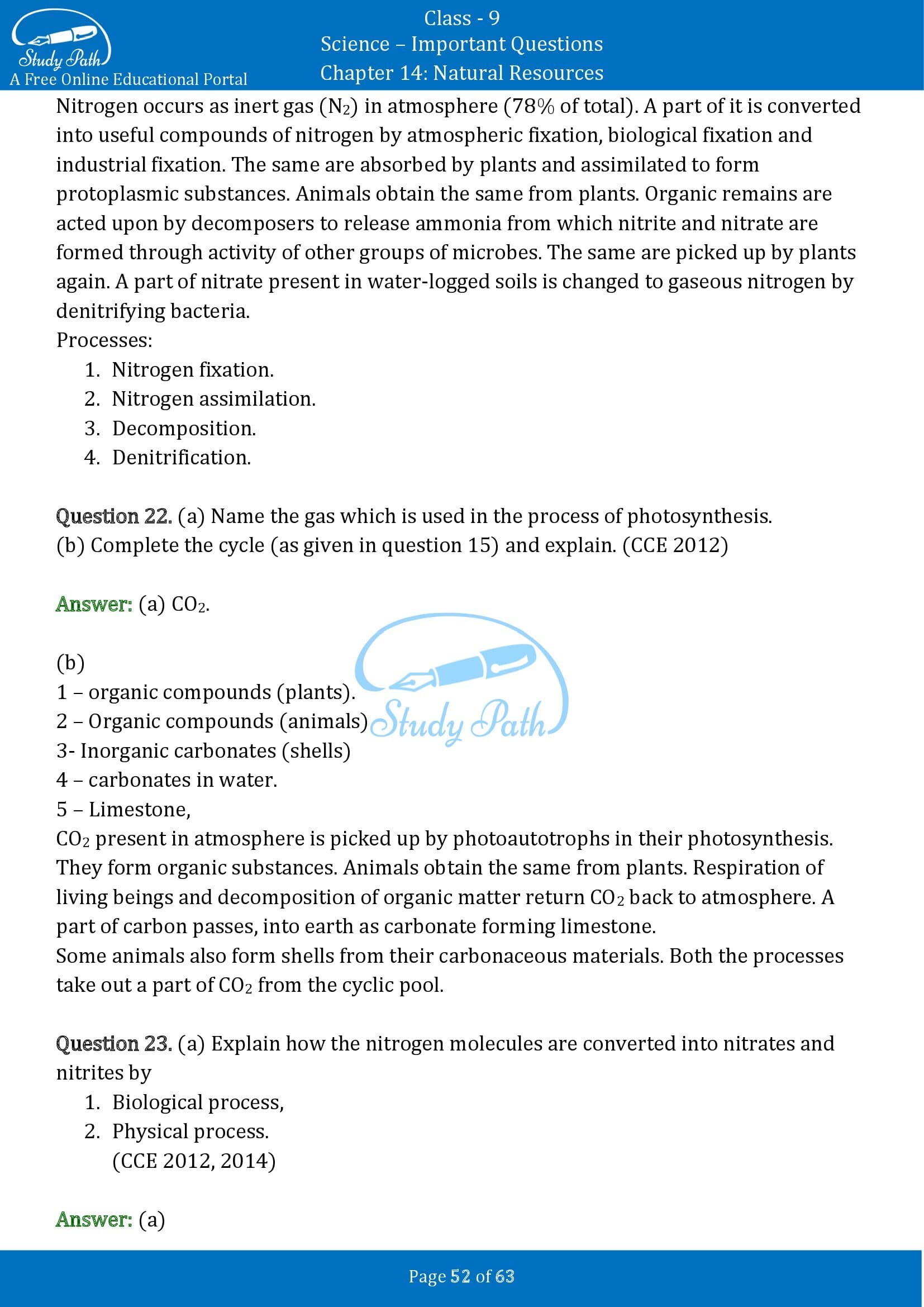 Important Questions for Class 9 Science Chapter 14 Natural Resources 00052