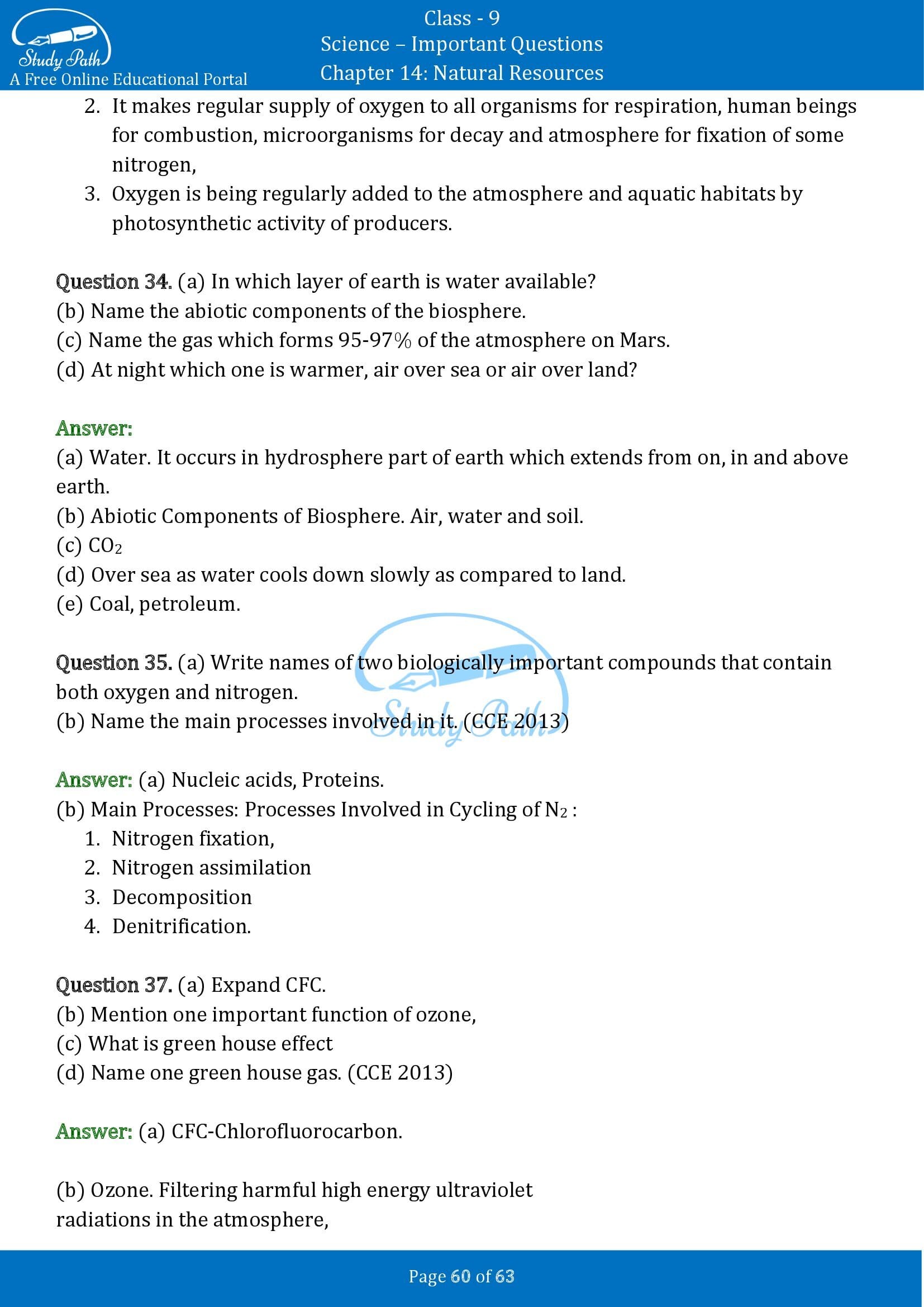 Important Questions for Class 9 Science Chapter 14 Natural Resources 00060