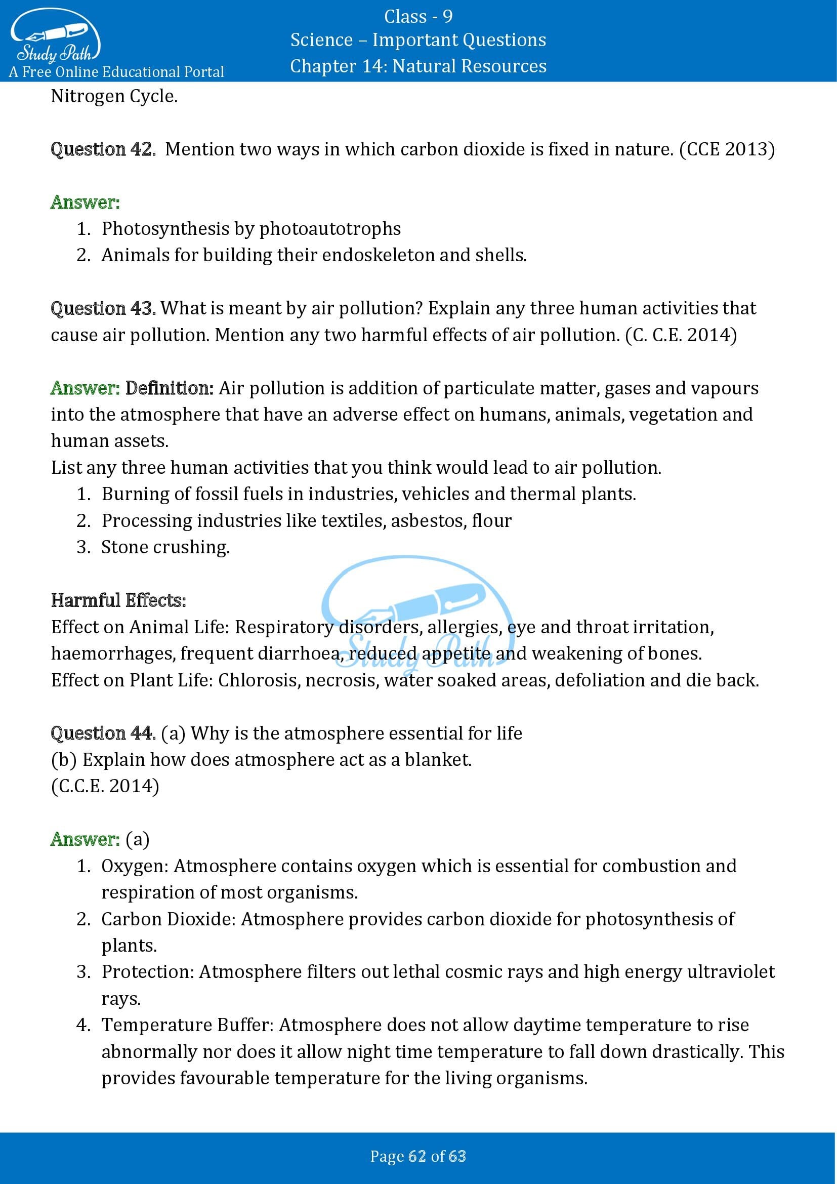 Important Questions for Class 9 Science Chapter 14 Natural Resources 00062