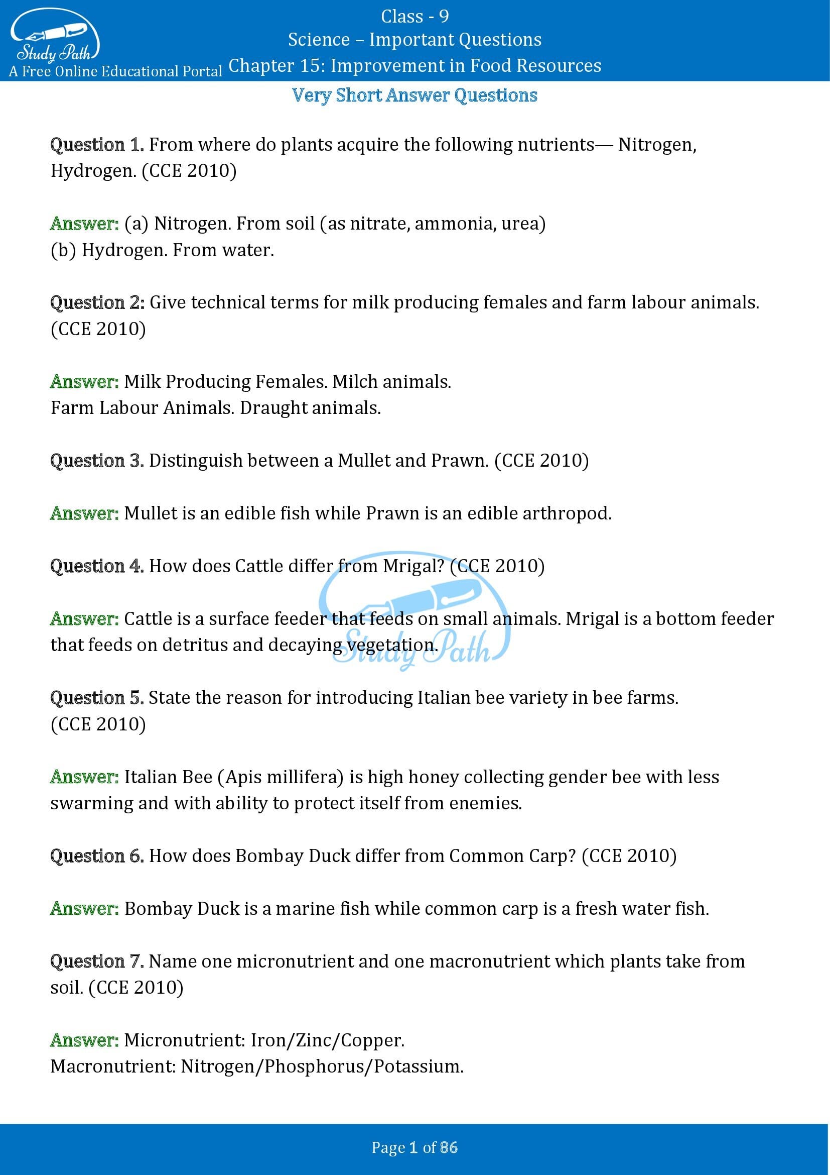 Important Questions for Class 9 Science Chapter 15 Improvement in Food Resources 00001