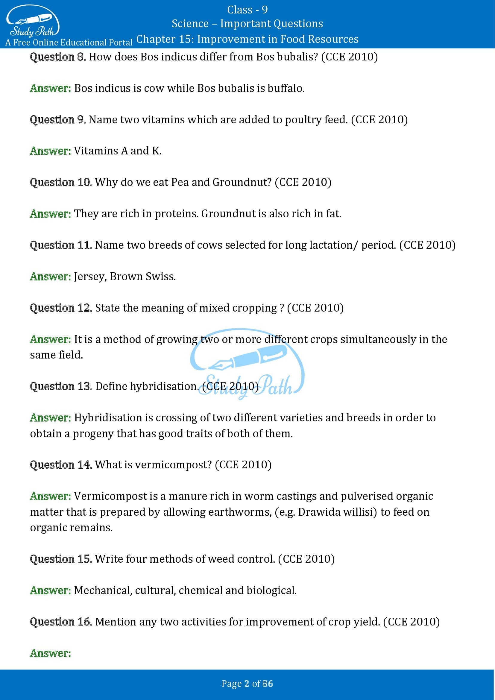 Important Questions for Class 9 Science Chapter 15 Improvement in Food Resources 00002