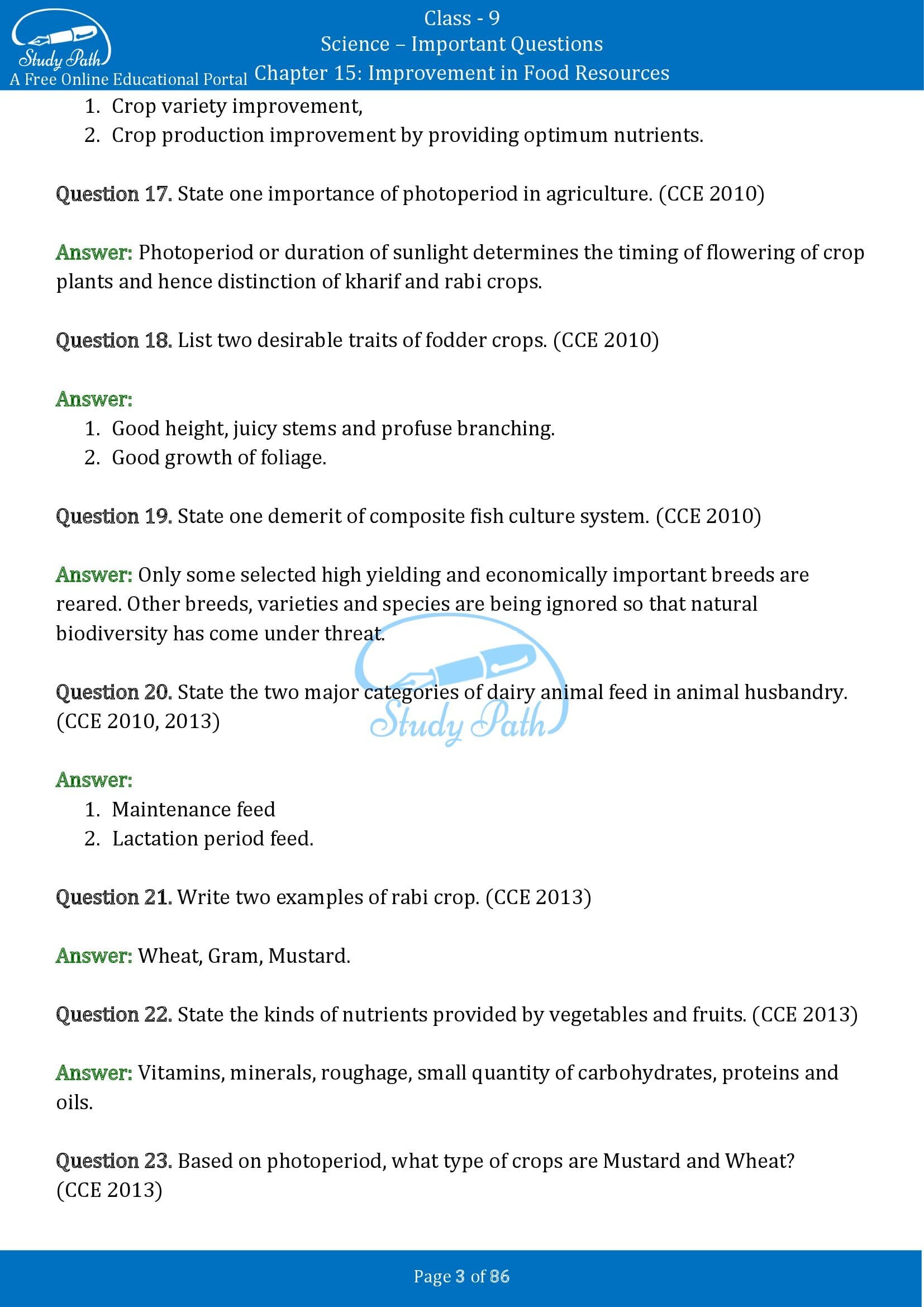 Important Questions for Class 9 Science Chapter 15 Improvement in Food Resources 00003