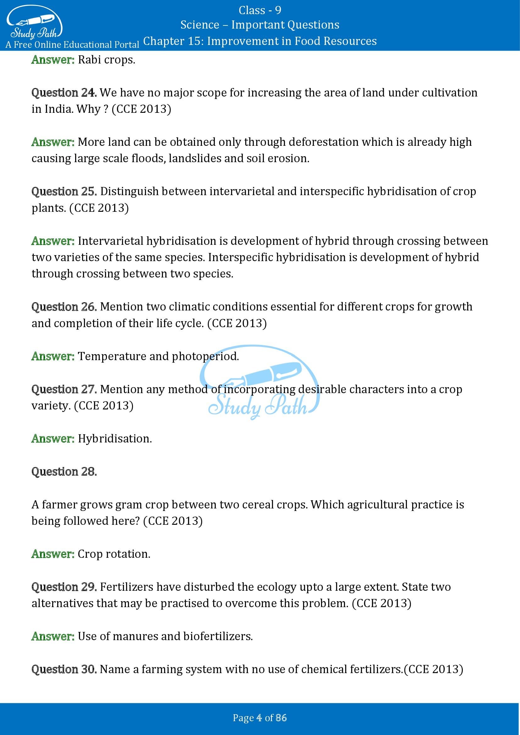 Important Questions for Class 9 Science Chapter 15 Improvement in Food Resources 00004