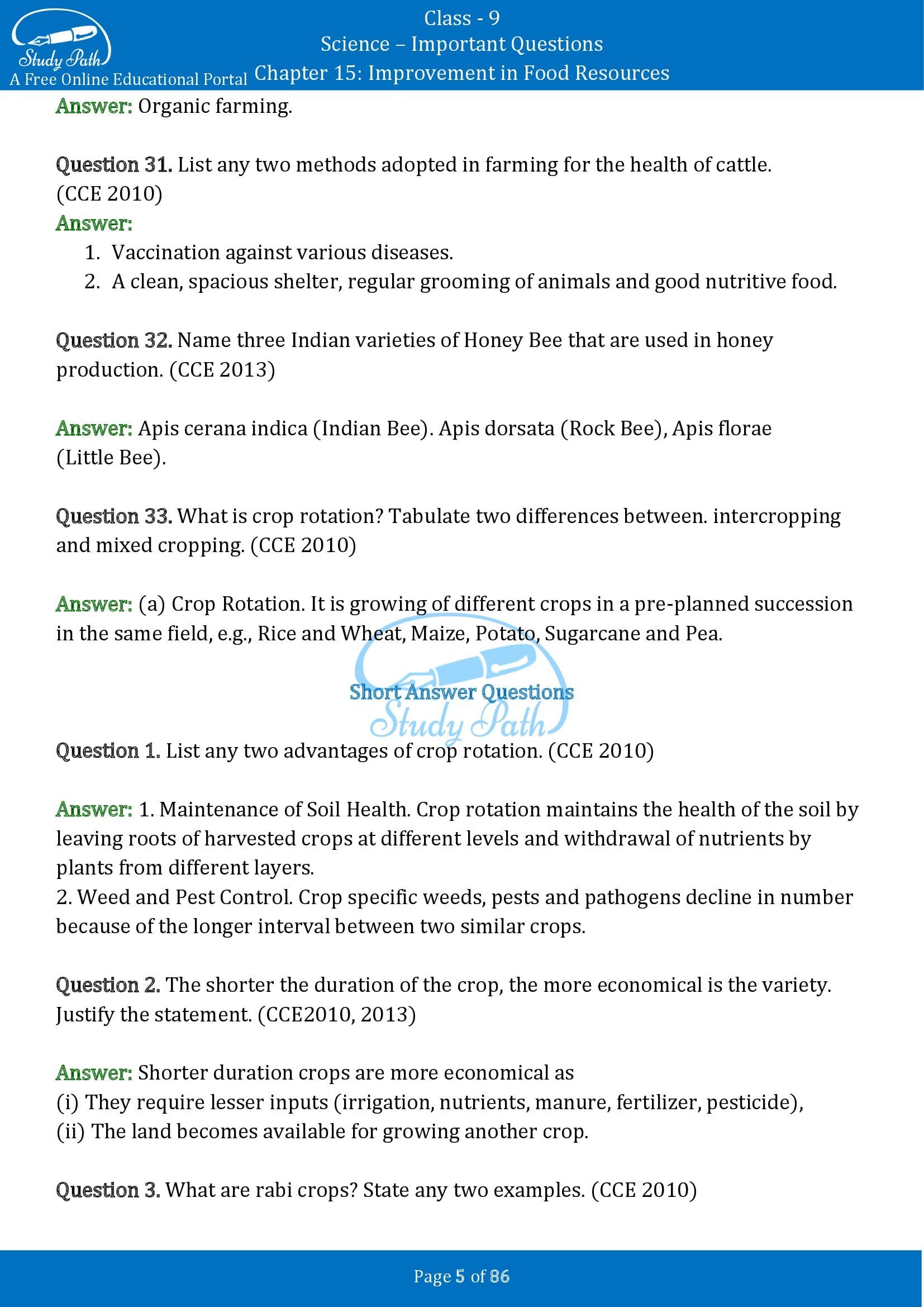 Important Questions for Class 9 Science Chapter 15 Improvement in Food Resources 00005