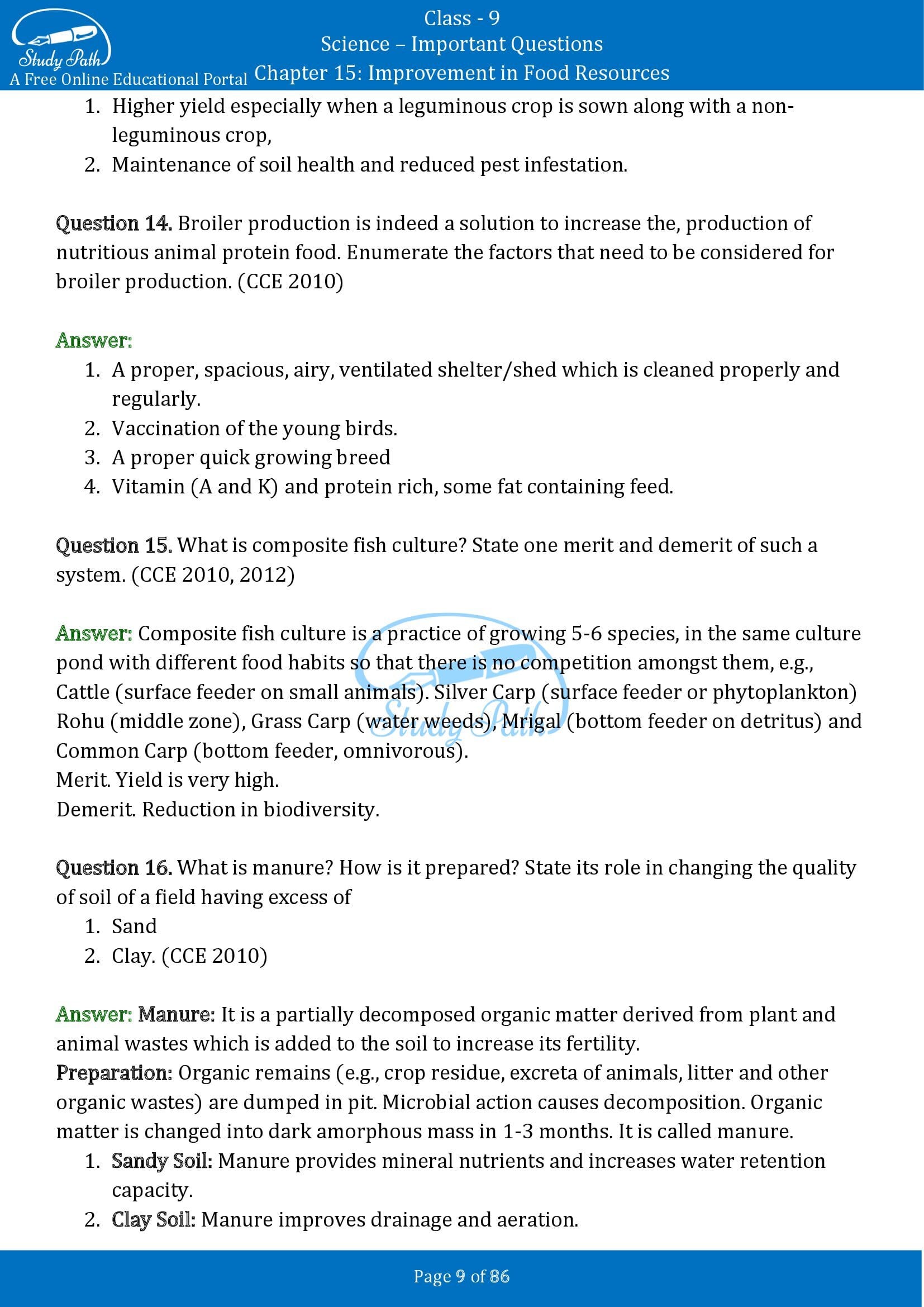 Important Questions for Class 9 Science Chapter 15 Improvement in Food Resources 00009