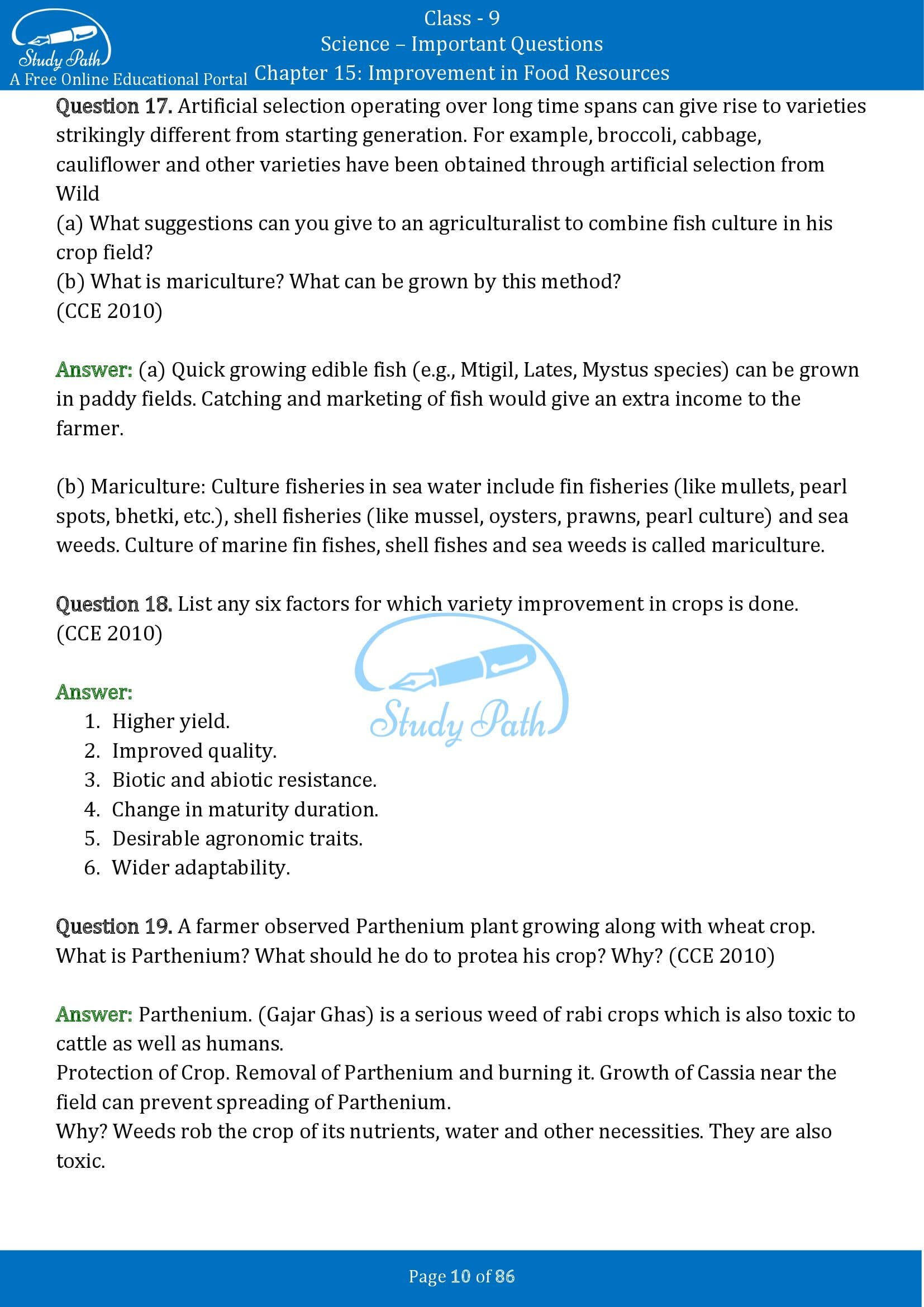 Important Questions for Class 9 Science Chapter 15 Improvement in Food Resources 00010