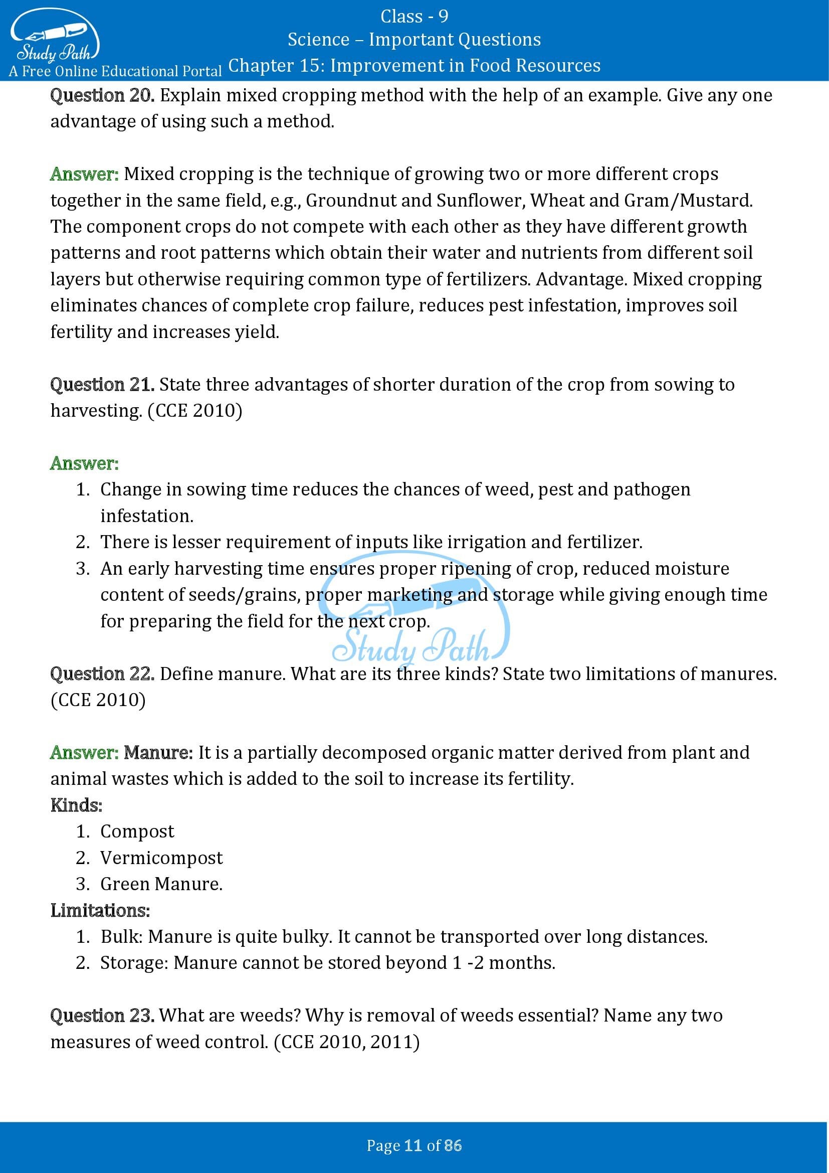 Important Questions for Class 9 Science Chapter 15 Improvement in Food Resources 00011