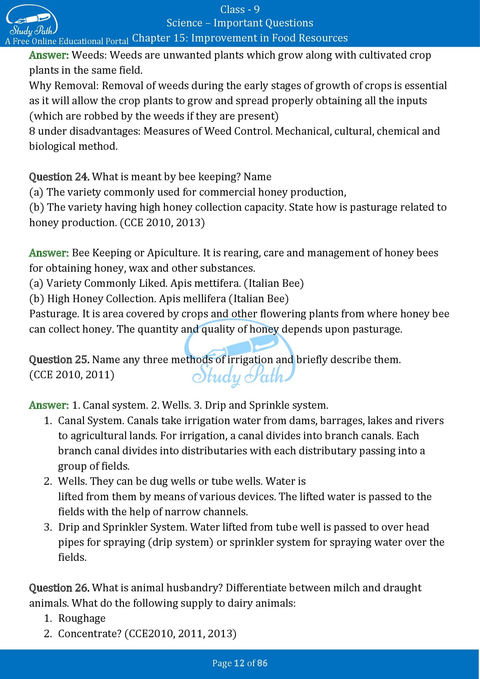 Important Questions for Class 9 Science Chapter 15 Improvement in Food Resources 00012