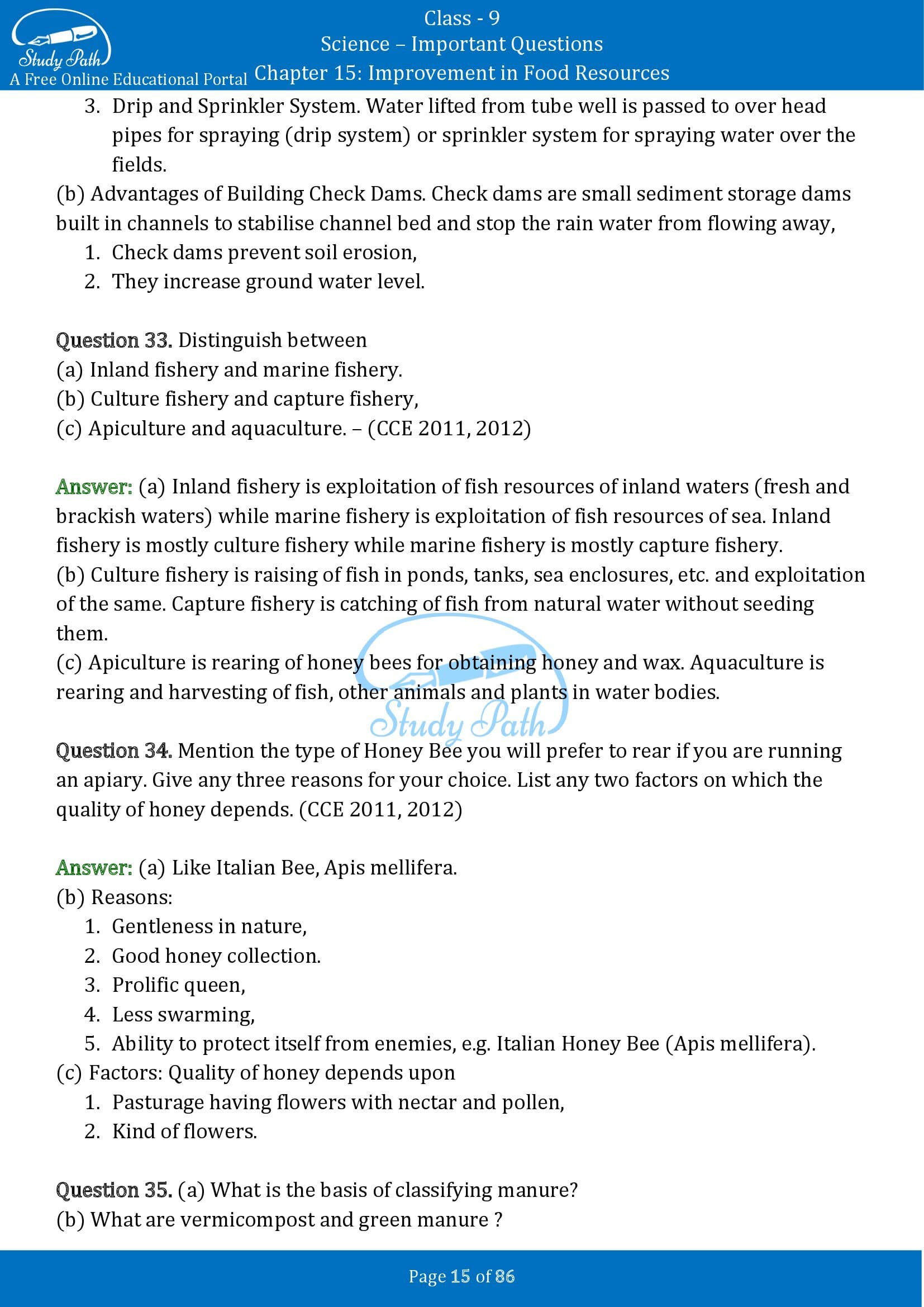 Important Questions for Class 9 Science Chapter 15 Improvement in Food Resources 00015