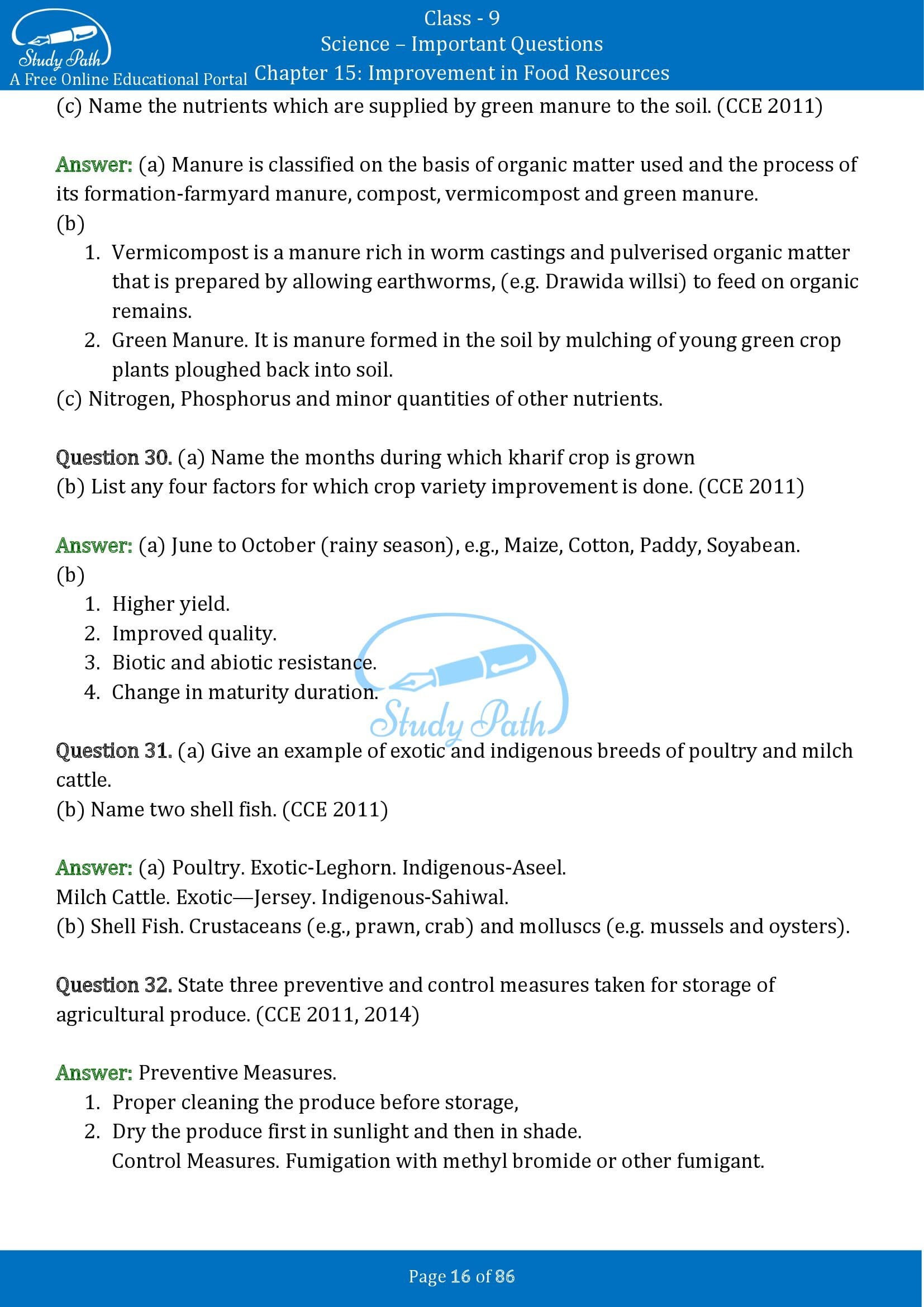 Important Questions for Class 9 Science Chapter 15 Improvement in Food Resources 00016