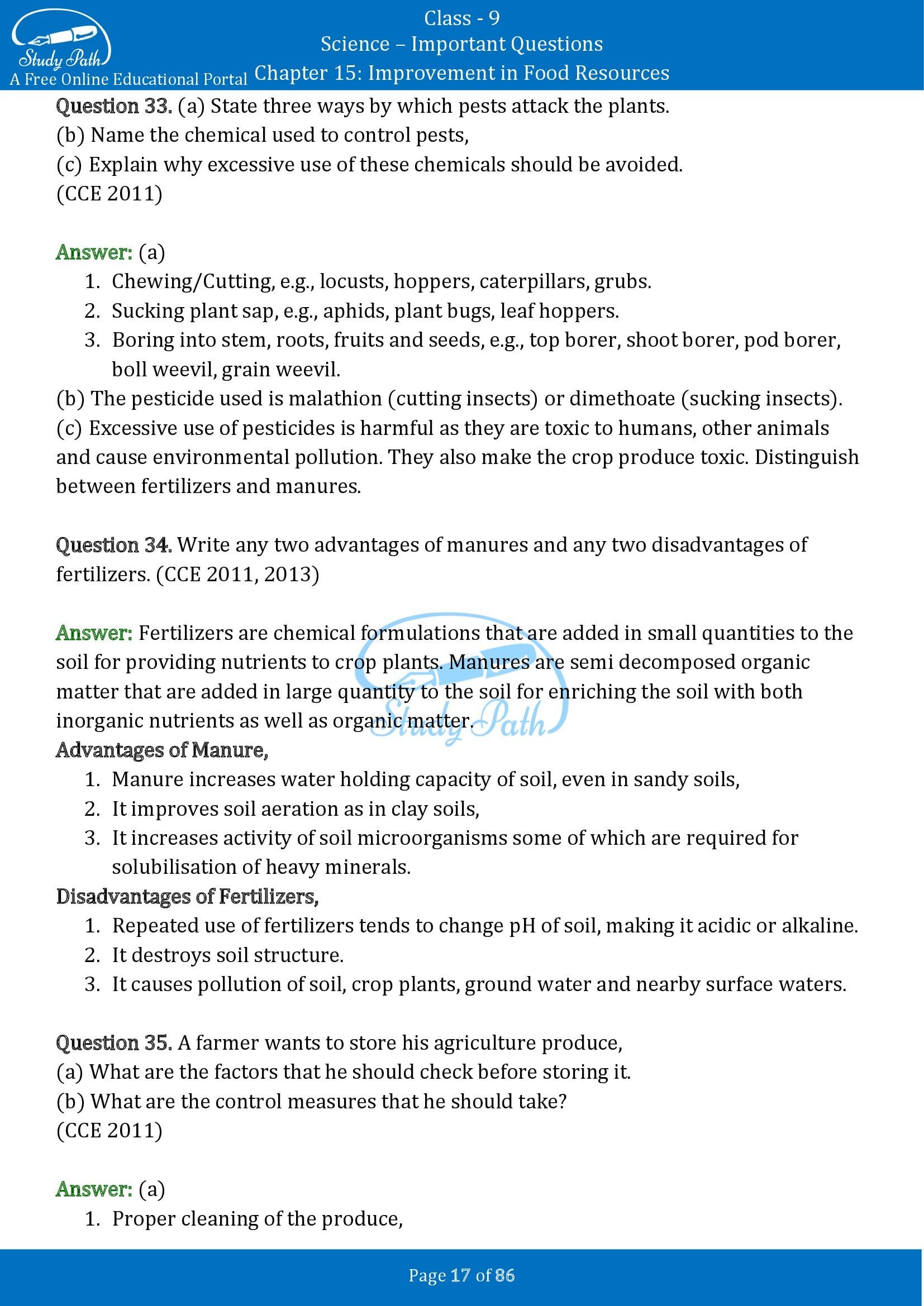 Important Questions for Class 9 Science Chapter 15 Improvement in Food Resources 00017