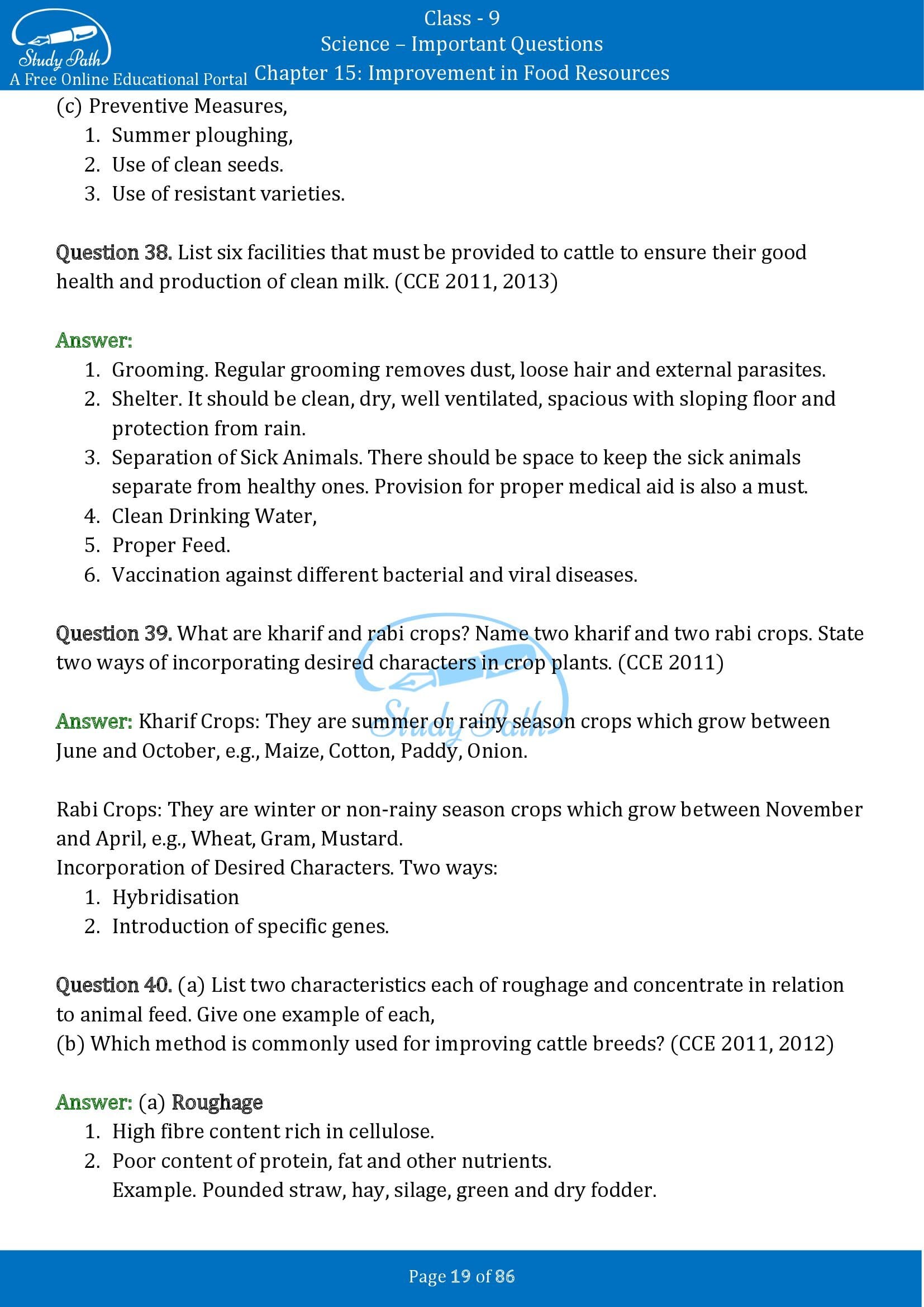 Important Questions for Class 9 Science Chapter 15 Improvement in Food Resources 00019