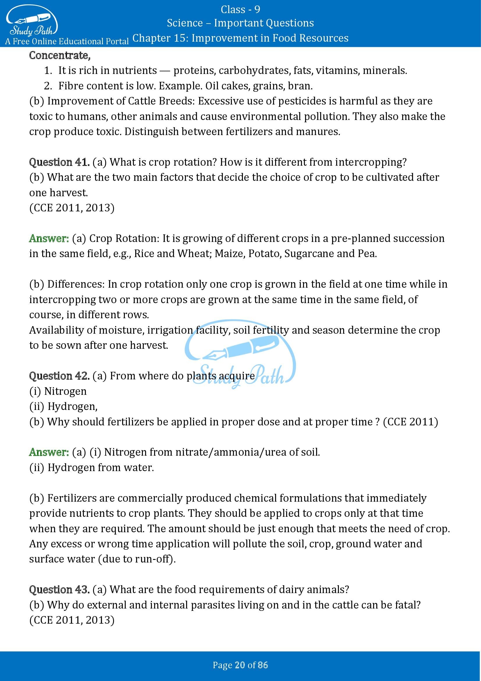 Important Questions for Class 9 Science Chapter 15 Improvement in Food Resources 00020