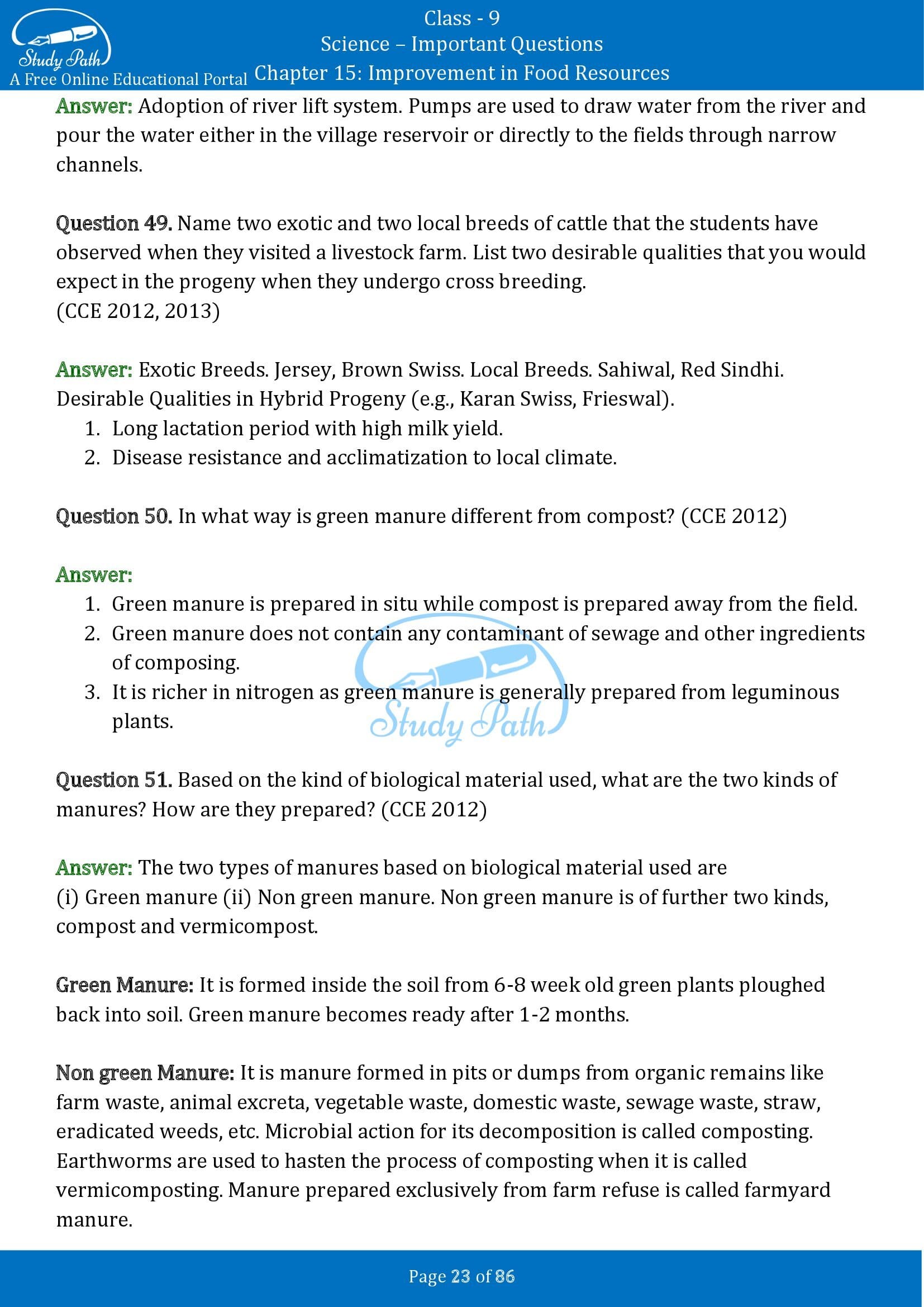 Important Questions for Class 9 Science Chapter 15 Improvement in Food Resources 00023