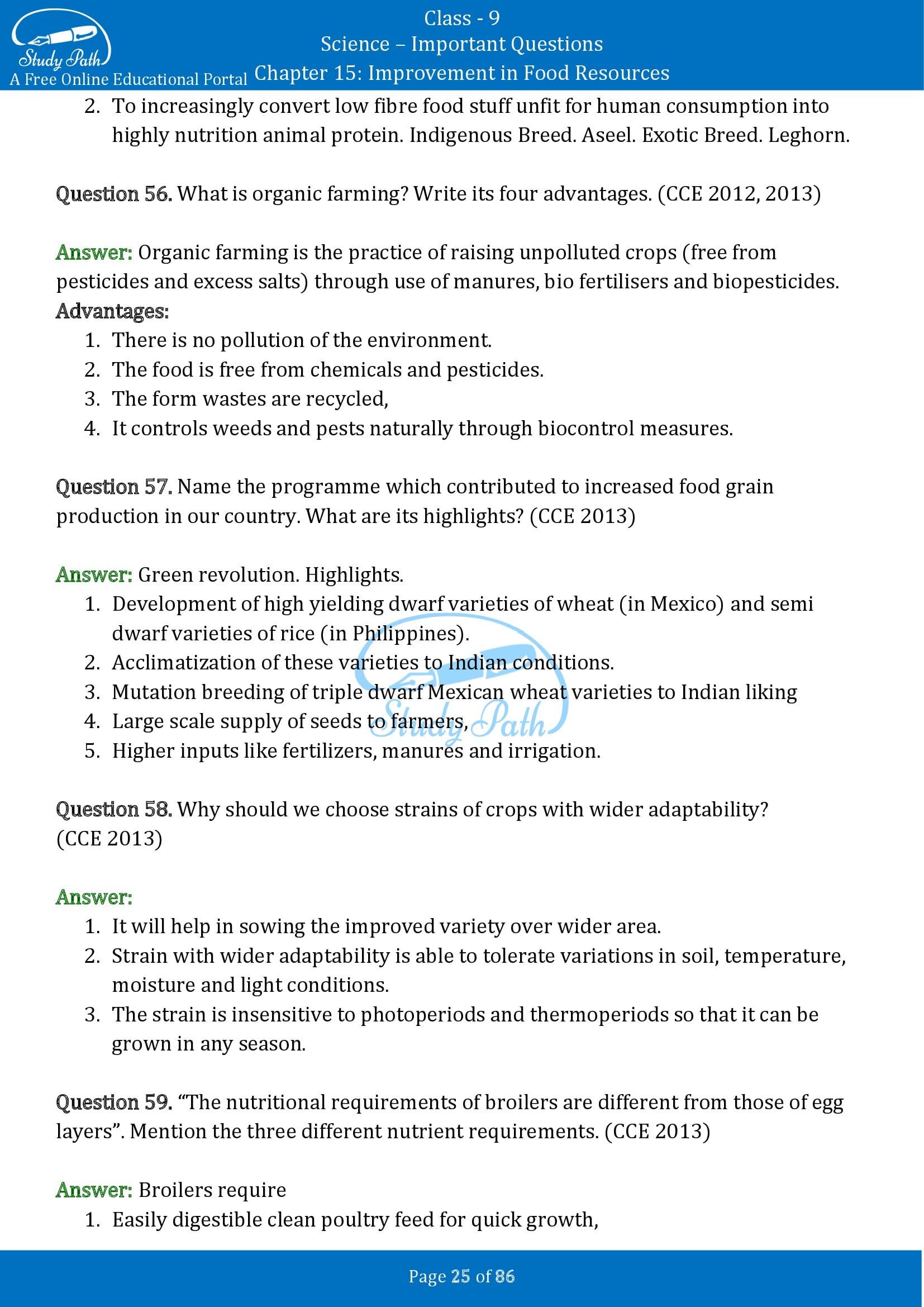 Important Questions for Class 9 Science Chapter 15 Improvement in Food Resources 00025