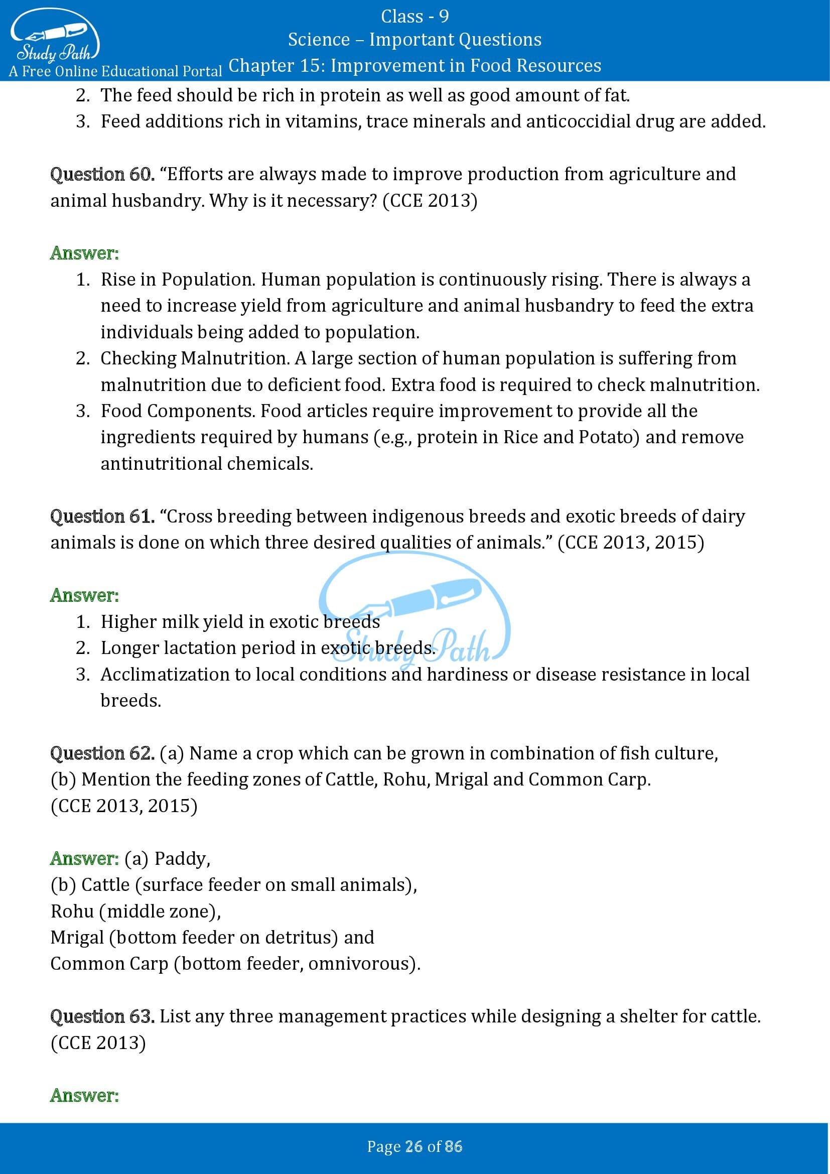 Important Questions for Class 9 Science Chapter 15 Improvement in Food Resources 00026