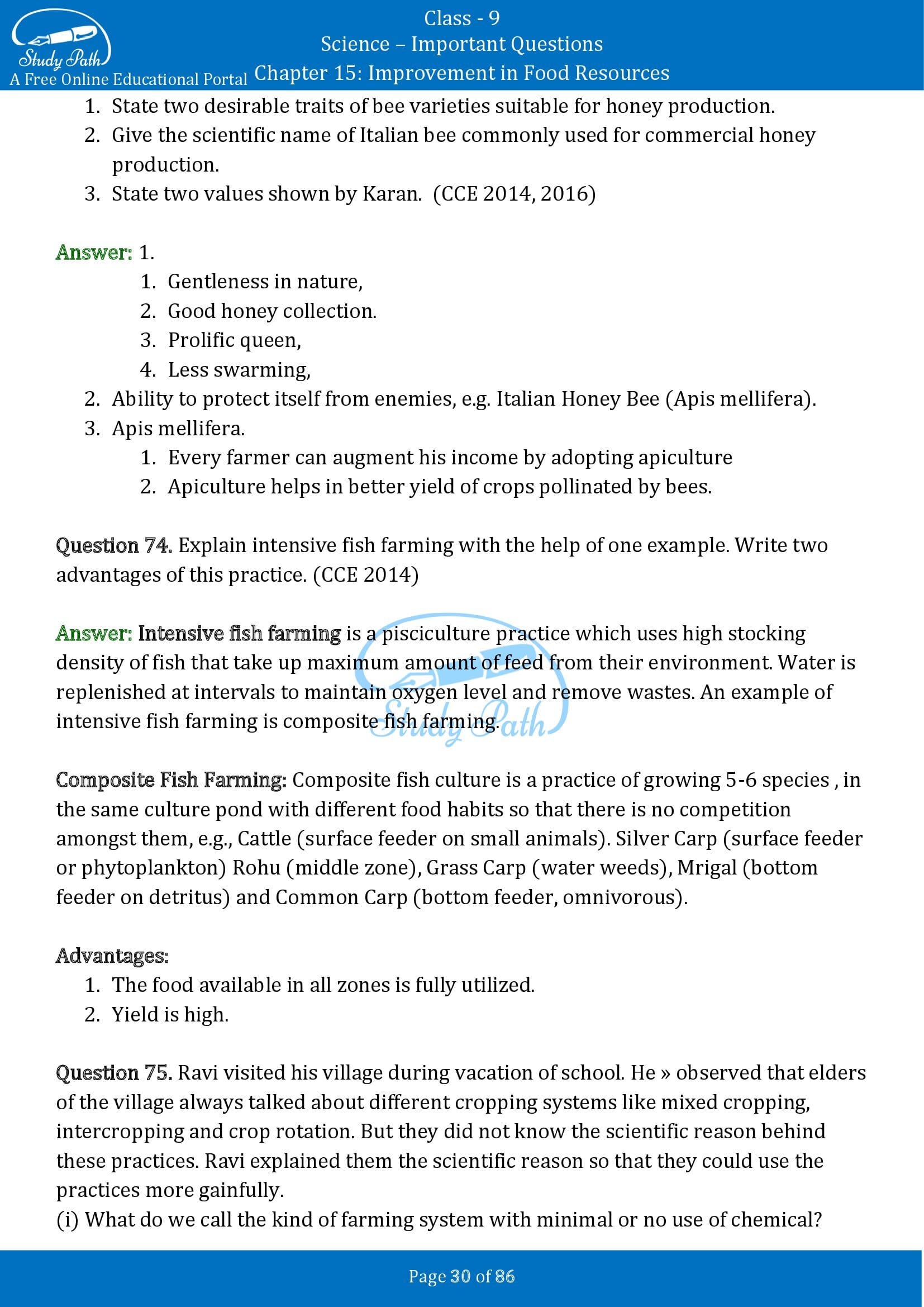 Important Questions for Class 9 Science Chapter 15 Improvement in Food Resources 00030