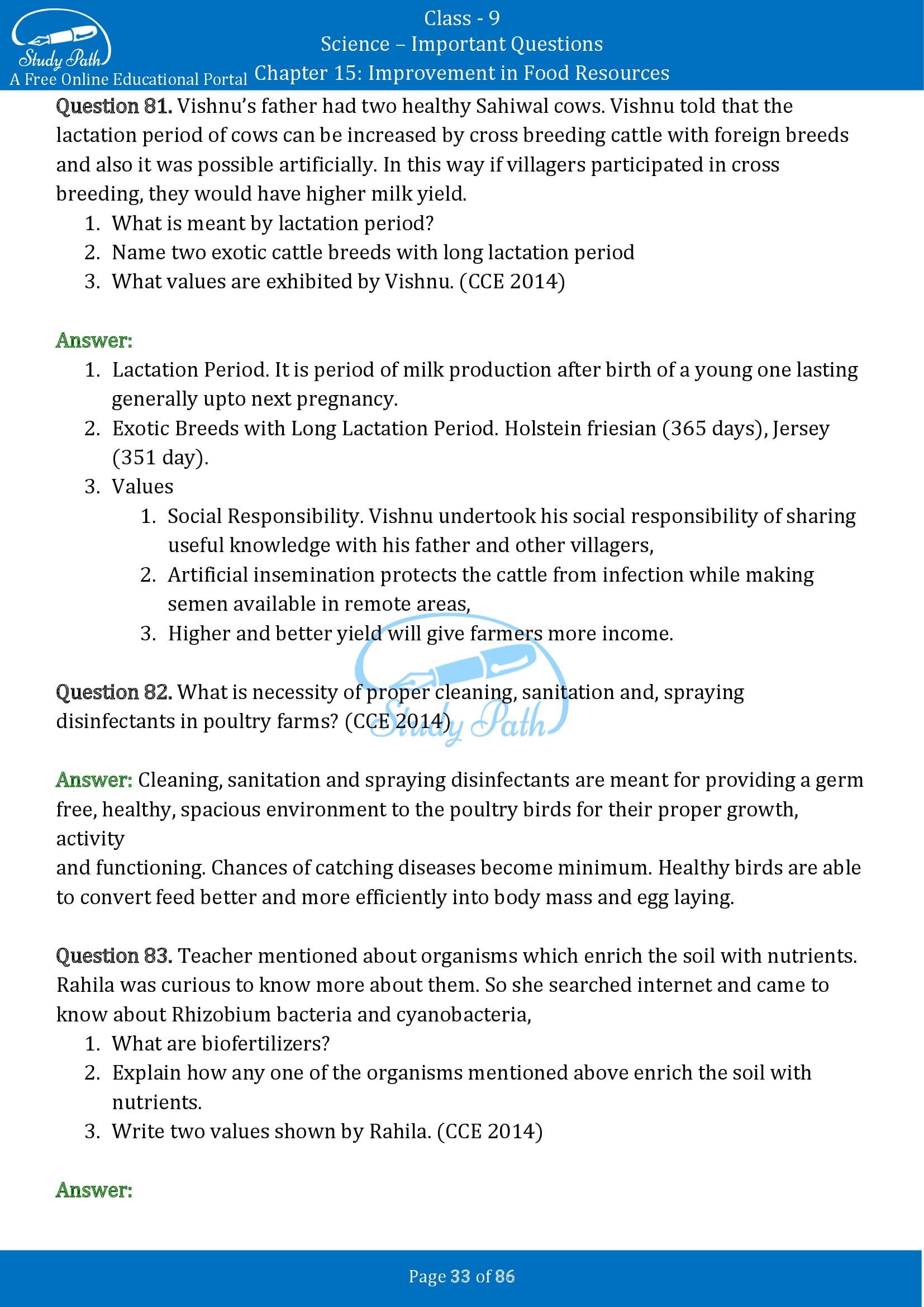 Important Questions for Class 9 Science Chapter 15 Improvement in Food Resources 00033