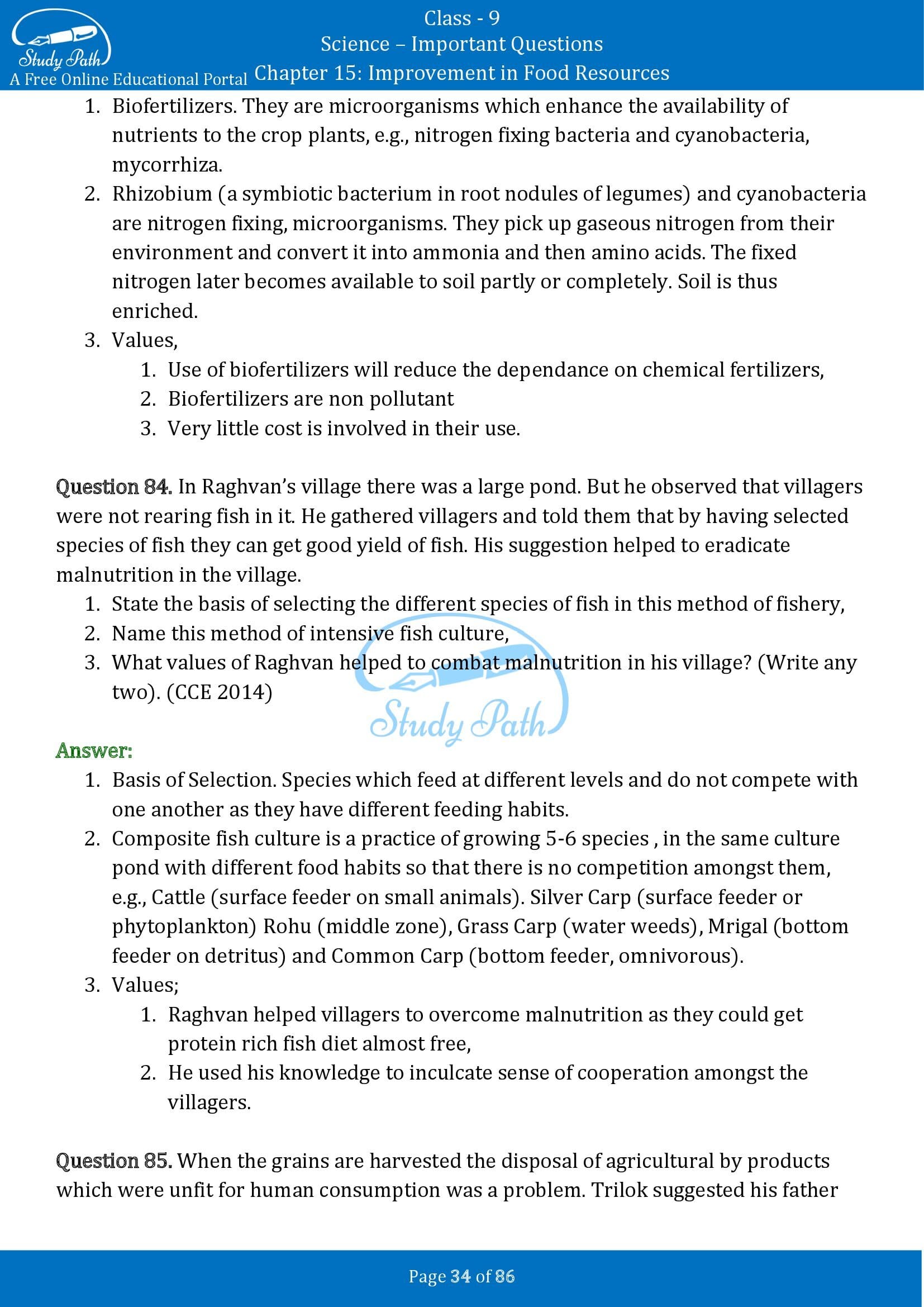 Important Questions for Class 9 Science Chapter 15 Improvement in Food Resources 00034