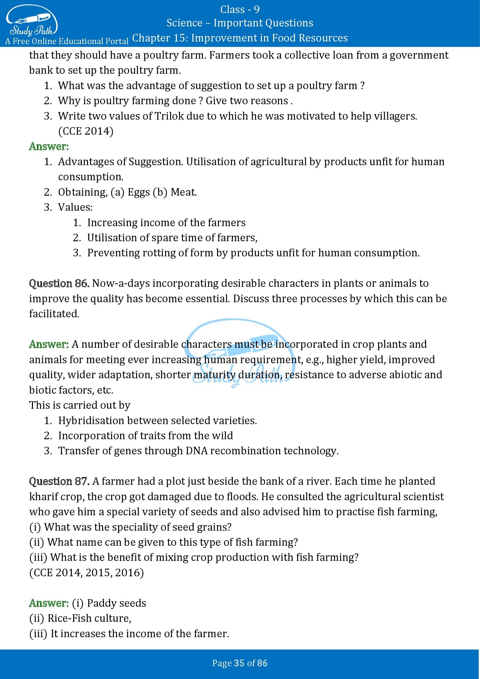 Important Questions for Class 9 Science Chapter 15 Improvement in Food Resources 00035