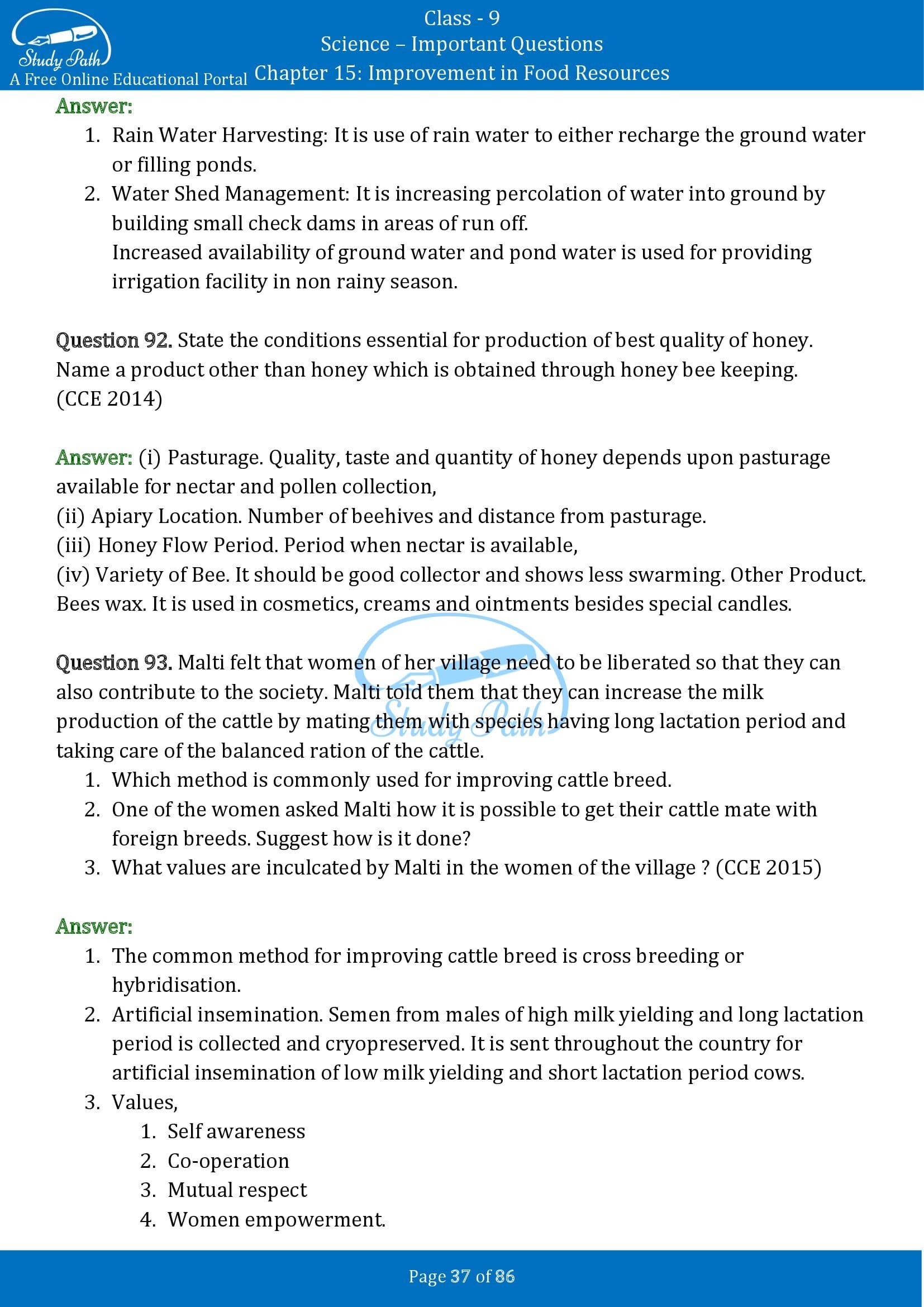 Important Questions for Class 9 Science Chapter 15 Improvement in Food Resources 00037