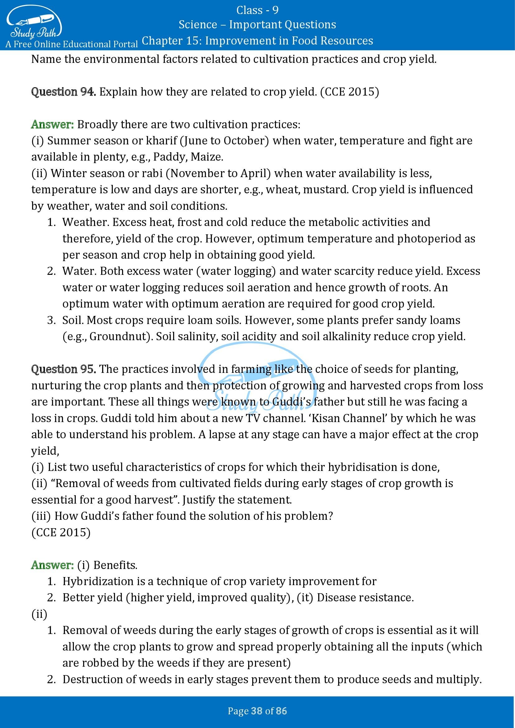 Important Questions for Class 9 Science Chapter 15 Improvement in Food Resources 00038