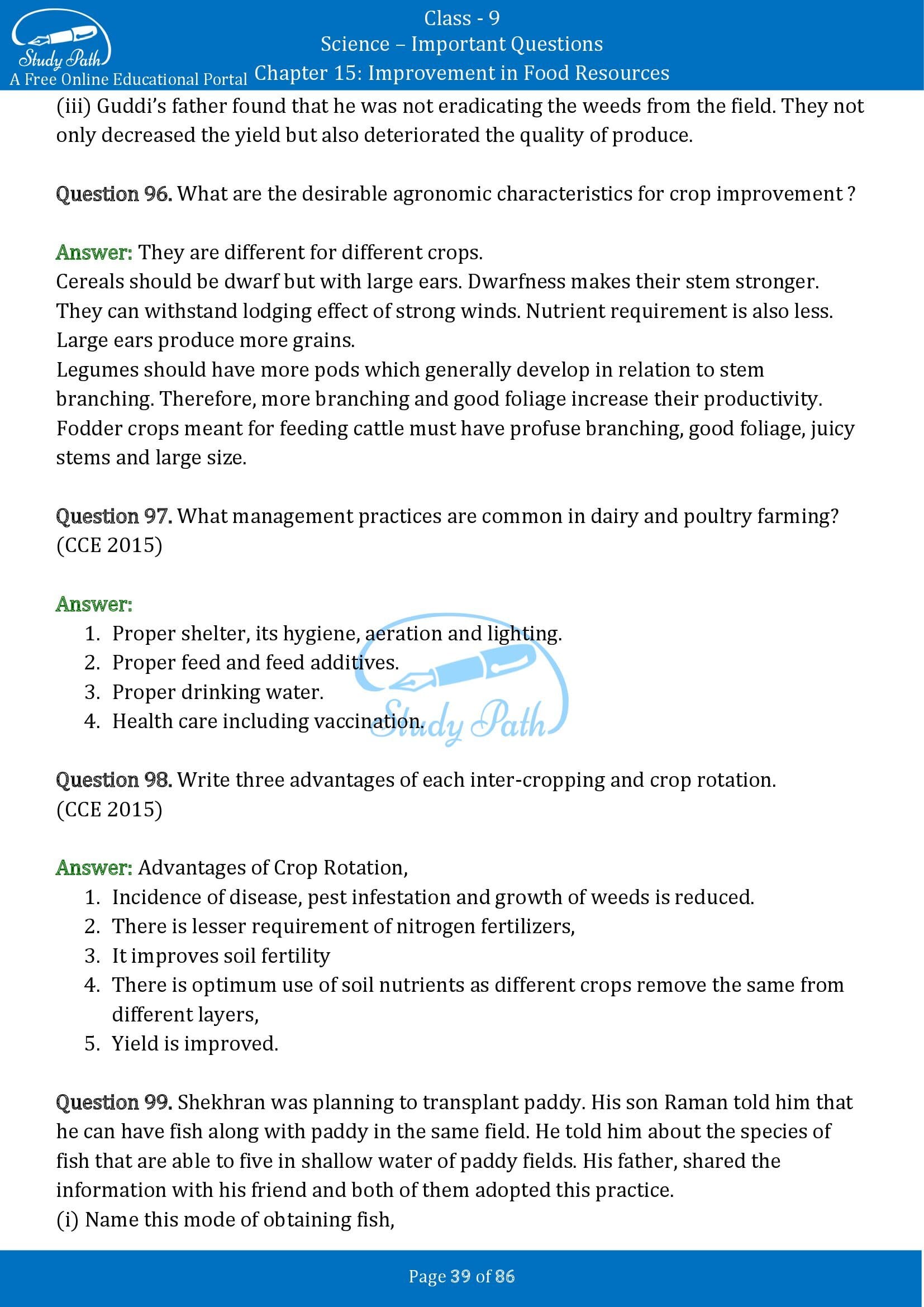 Important Questions for Class 9 Science Chapter 15 Improvement in Food Resources 00039