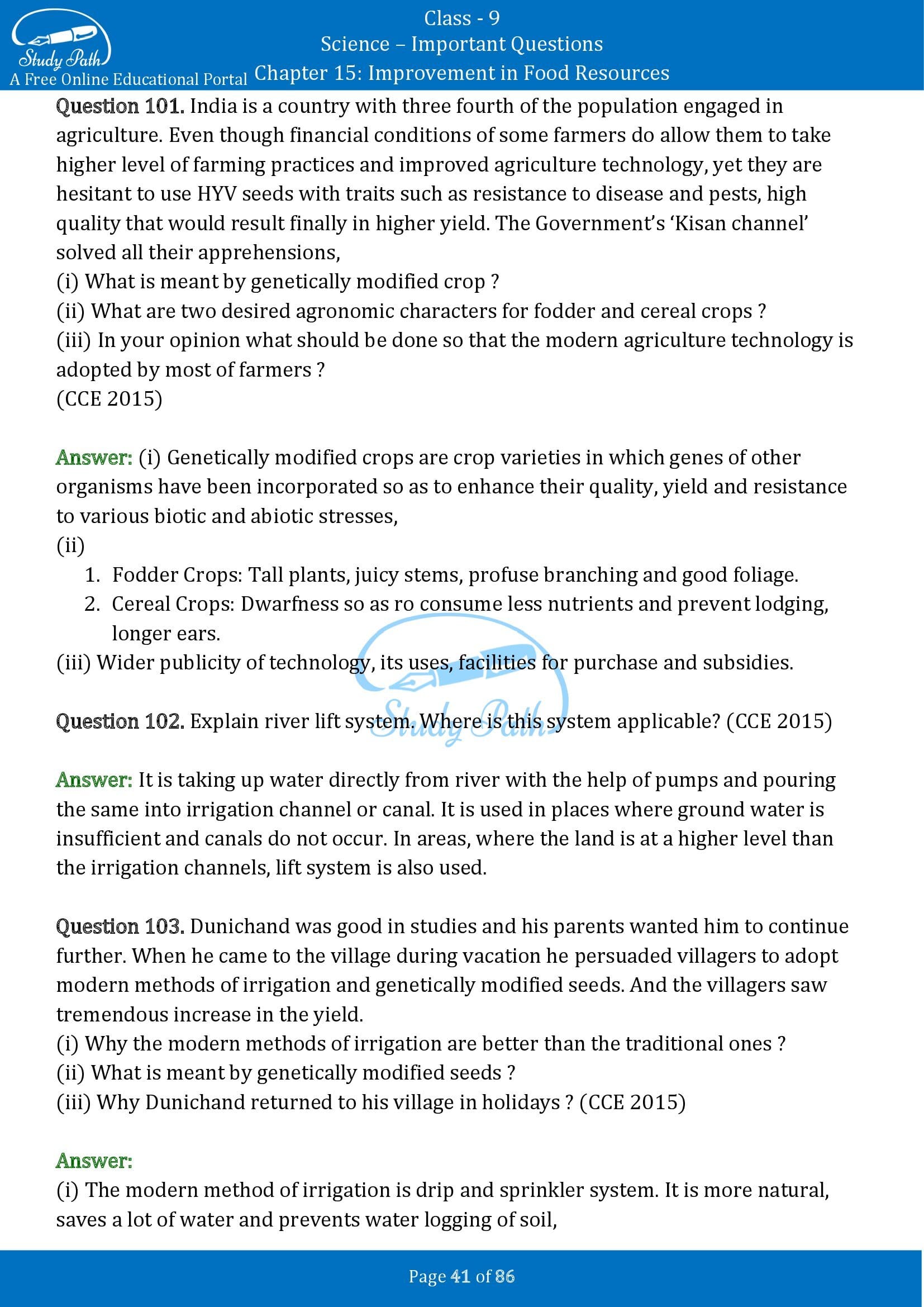 Important Questions for Class 9 Science Chapter 15 Improvement in Food Resources 00041