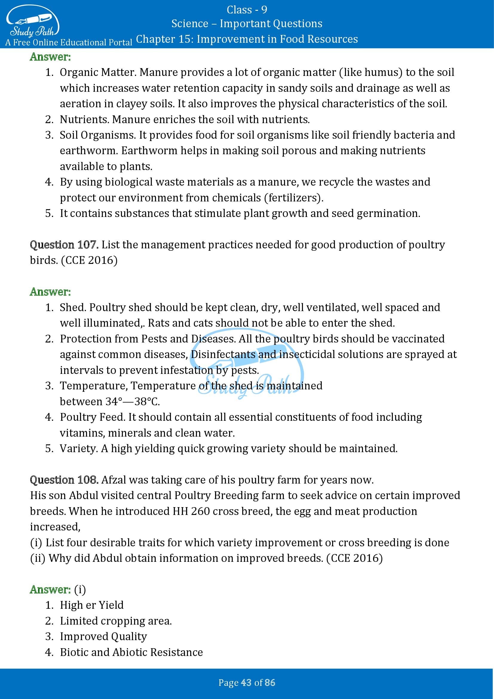 Important Questions for Class 9 Science Chapter 15 Improvement in Food Resources 00043