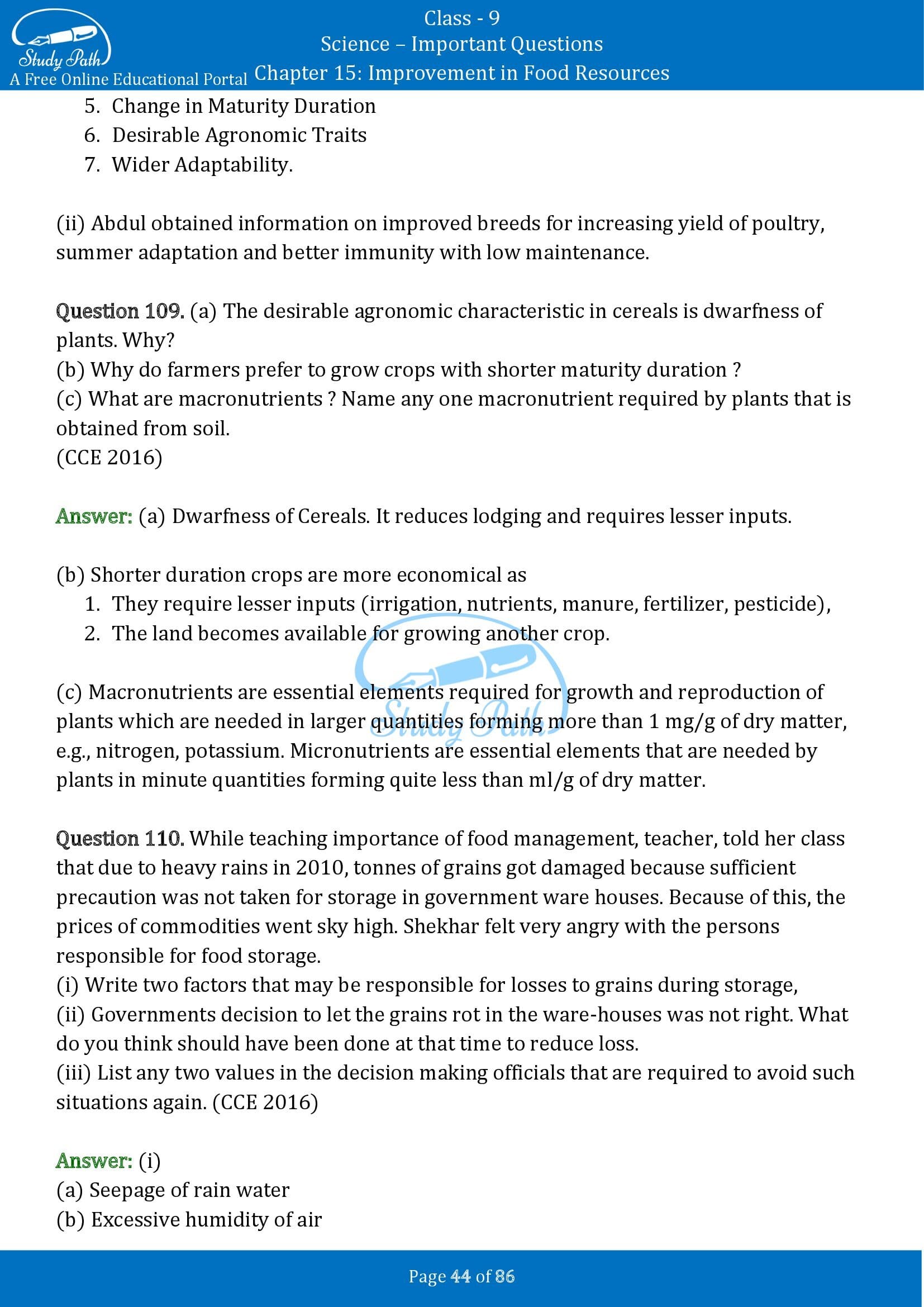 Important Questions for Class 9 Science Chapter 15 Improvement in Food Resources 00044