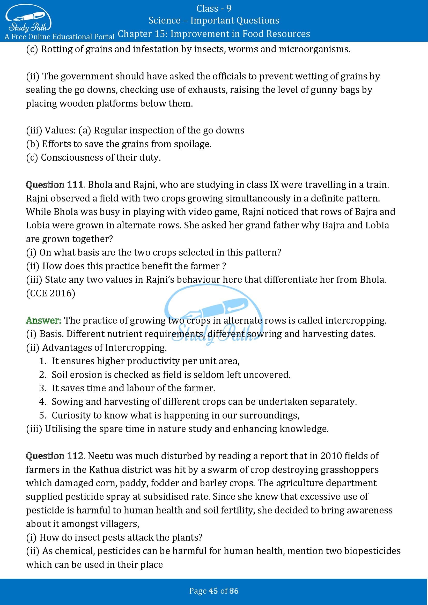 Important Questions for Class 9 Science Chapter 15 Improvement in Food Resources 00045