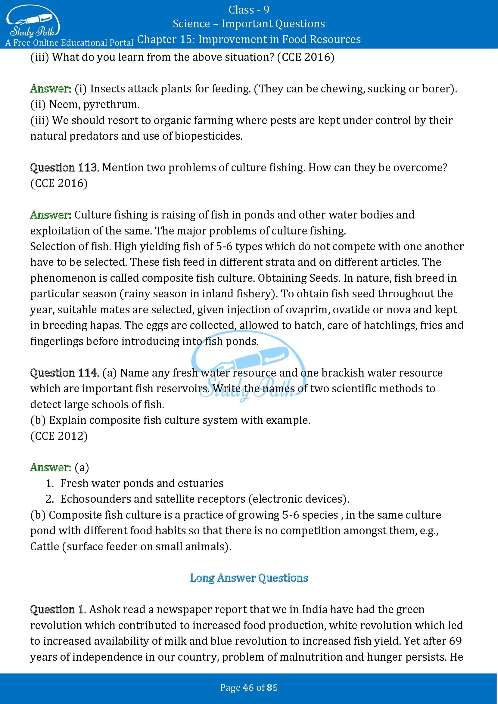 Important Questions for Class 9 Science Chapter 15 Improvement in Food Resources 00046