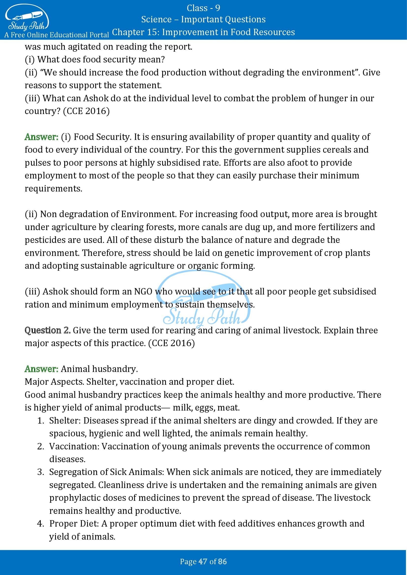 Important Questions for Class 9 Science Chapter 15 Improvement in Food Resources 00047