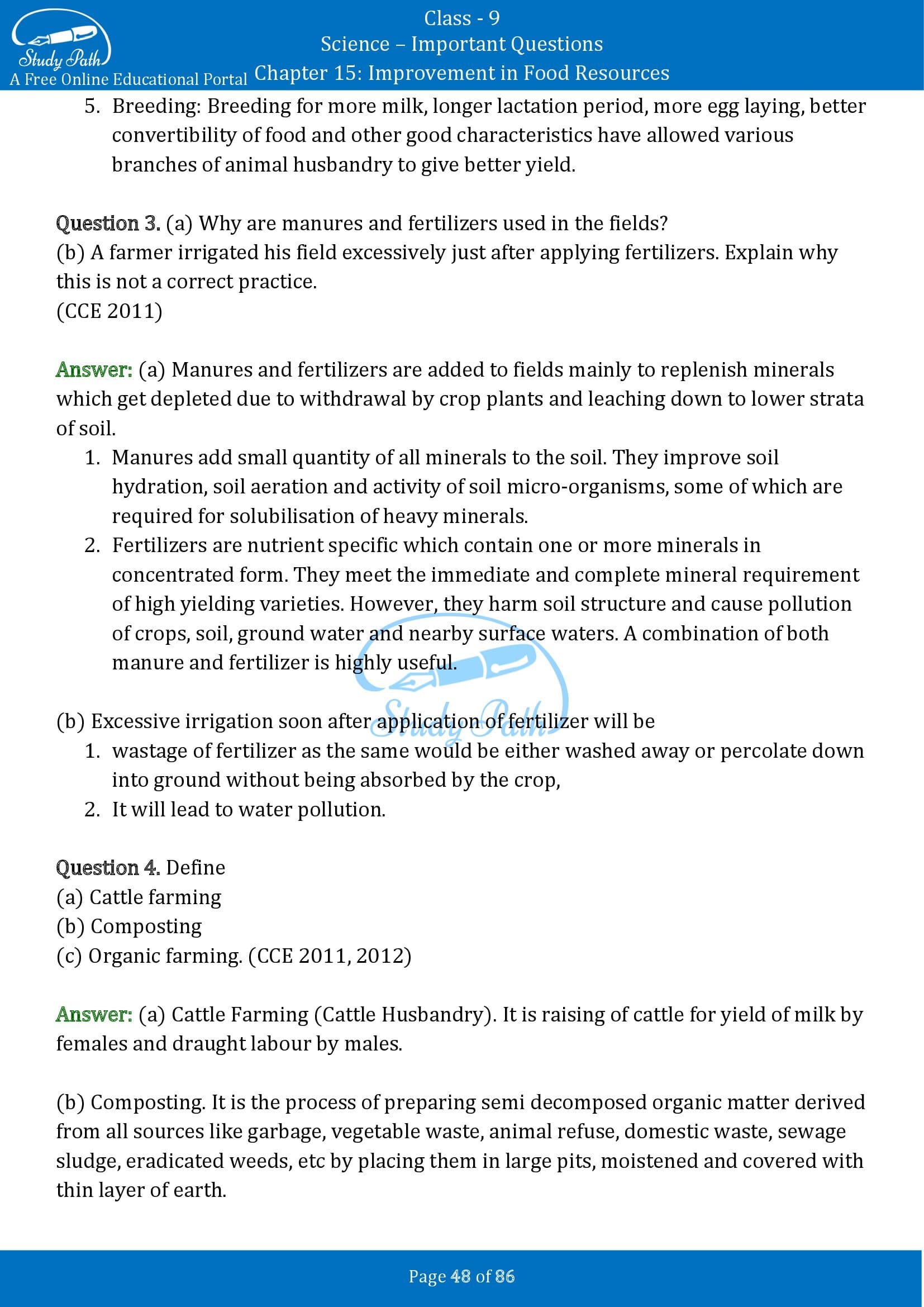 Important Questions for Class 9 Science Chapter 15 Improvement in Food Resources 00048