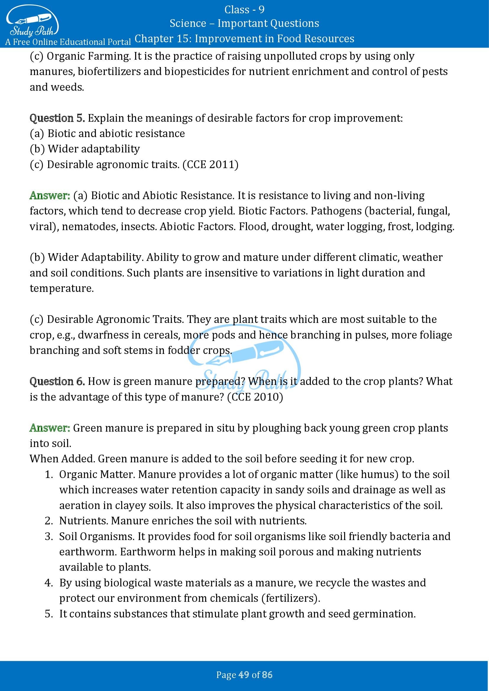Important Questions for Class 9 Science Chapter 15 Improvement in Food Resources 00049