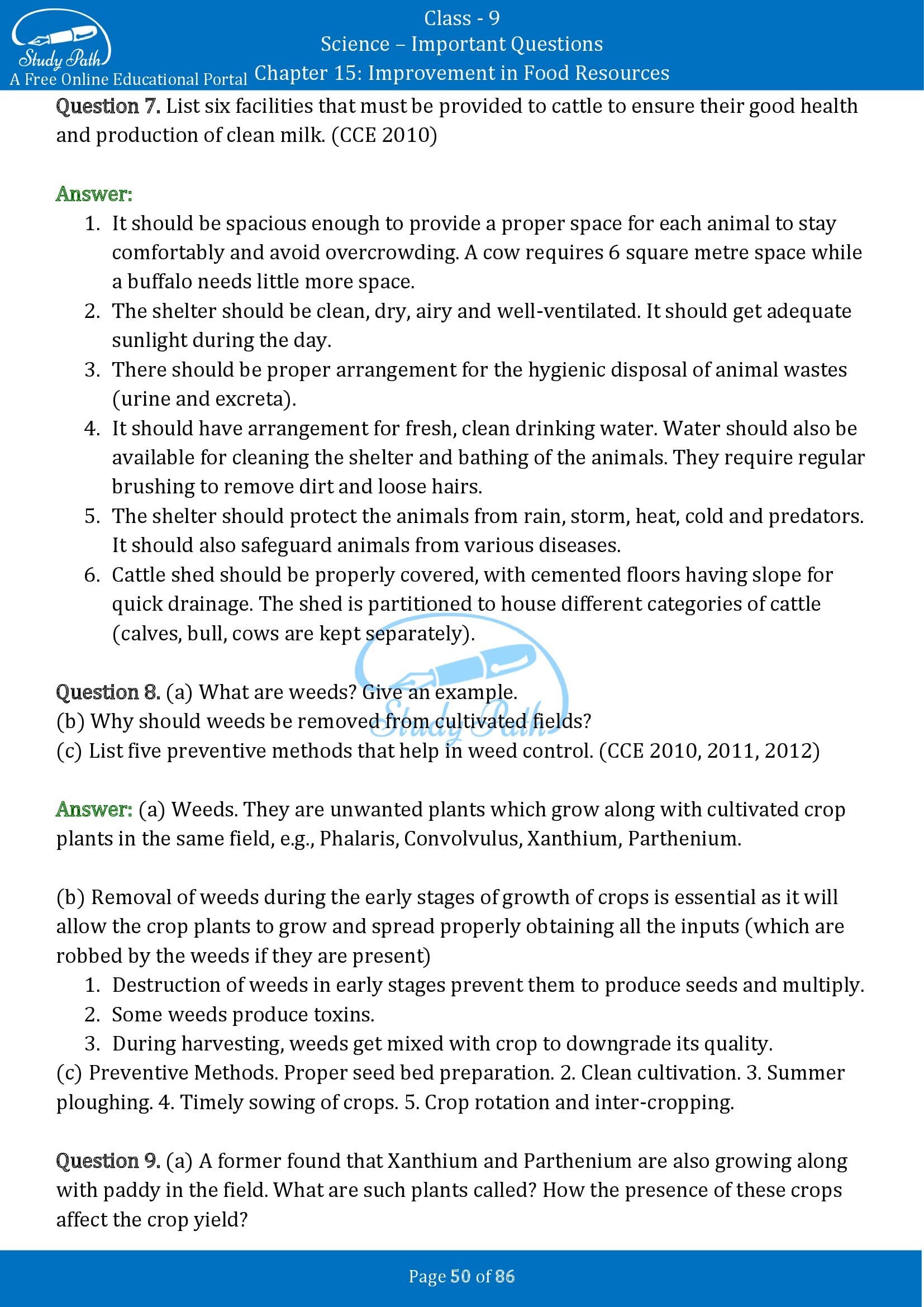 Important Questions for Class 9 Science Chapter 15 Improvement in Food Resources 00050