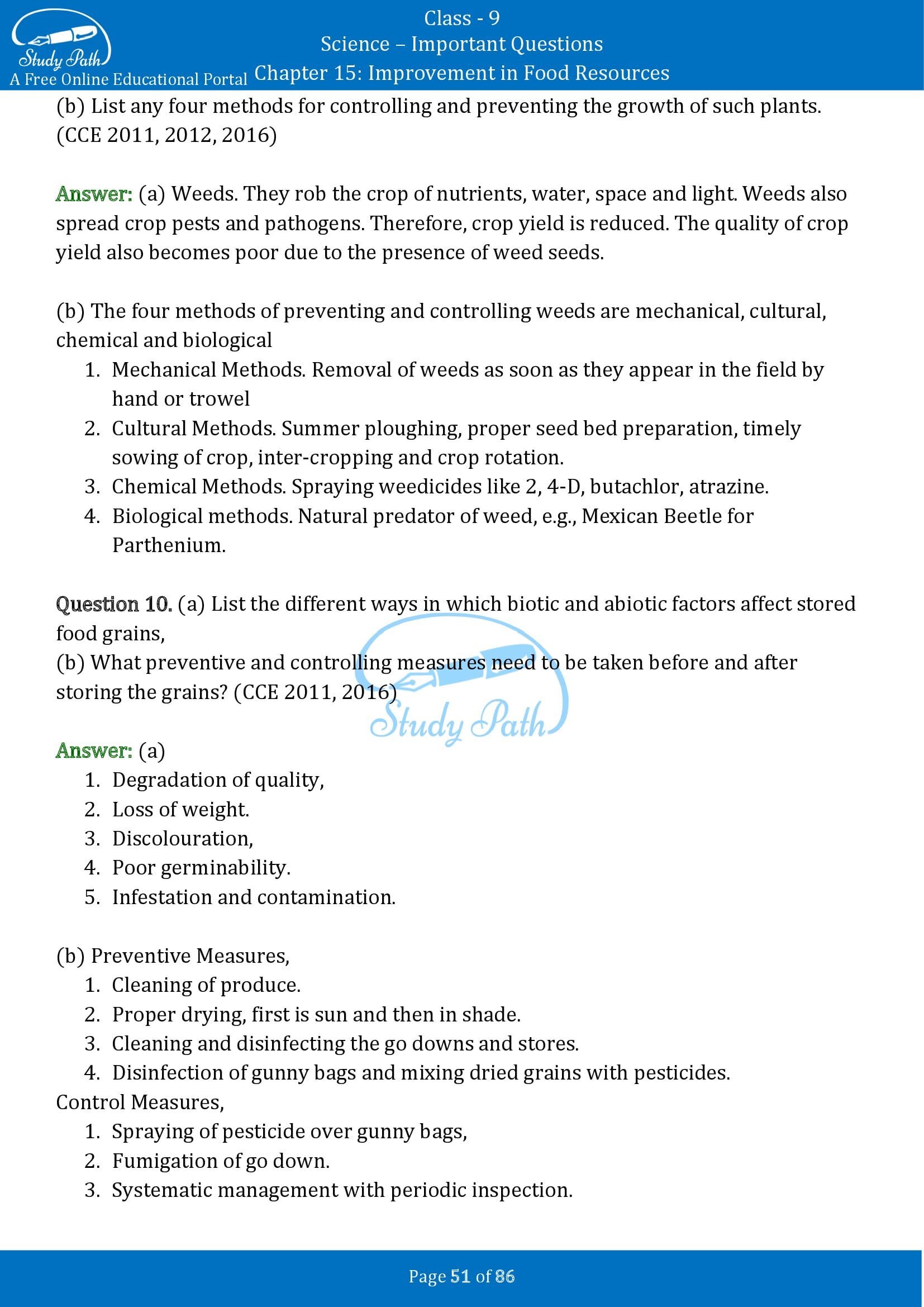 Important Questions for Class 9 Science Chapter 15 Improvement in Food Resources 00051